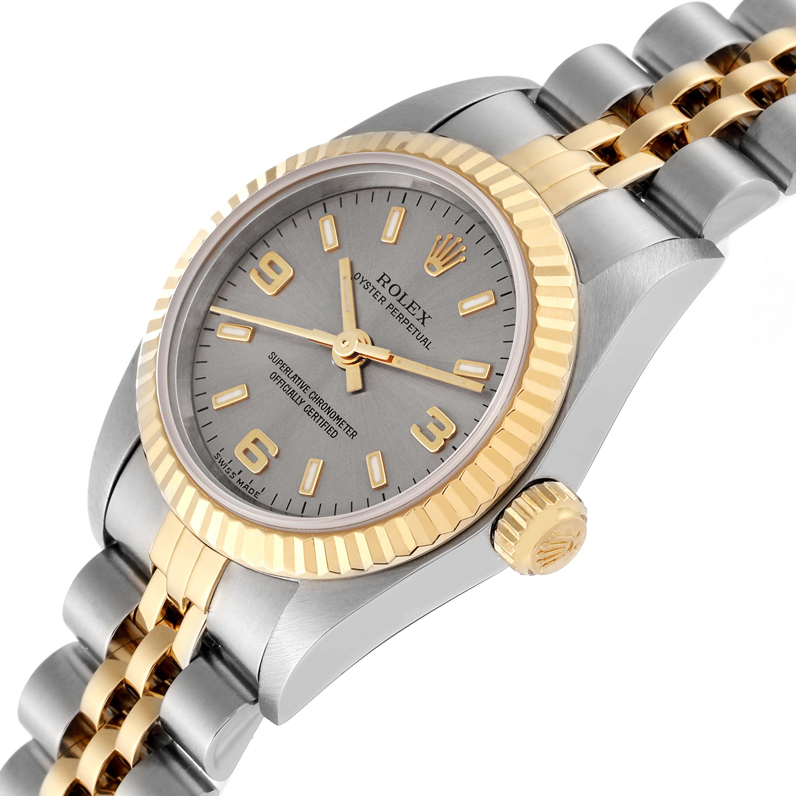 This image shows an angled view of a Rolex Oyster Perpetual 76193 Women's Steel and Gold (two tone) Silver Dial 76193 Women's Steel and Gold (two tone) Silver Dial watch, highlighting its face, bezel, and bracelet.