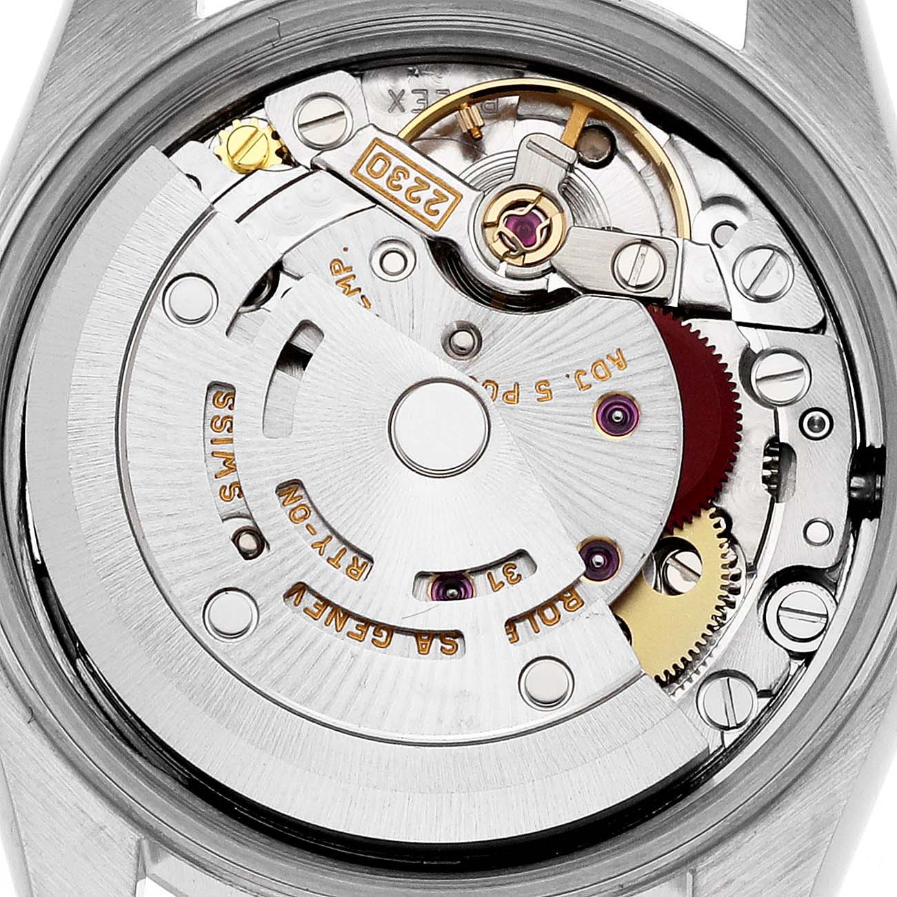 The image shows the back view of the Rolex Oyster Perpetual 76193 Women's Steel and Gold (two tone) Silver Dial 76193 Women's Steel and Gold (two tone) Silver Dial watch, displaying its intricate movement.