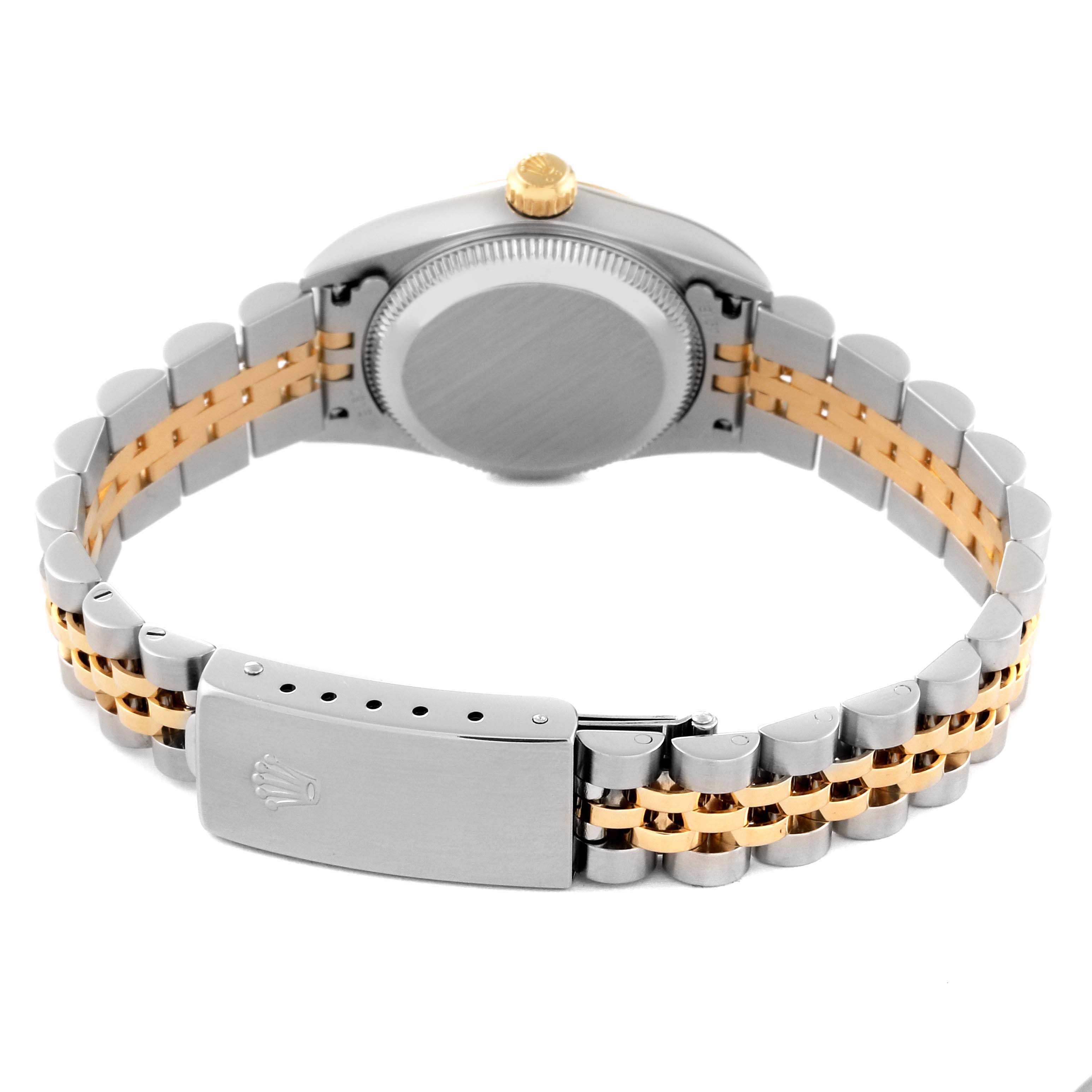 The image shows the back view of a Rolex Oyster Perpetual 76193 Women's Steel and Gold (two tone) Silver Dial 76193 Women's Steel and Gold (two tone) Silver Dial watch, highlighting the bracelet, case back, and the clasp.