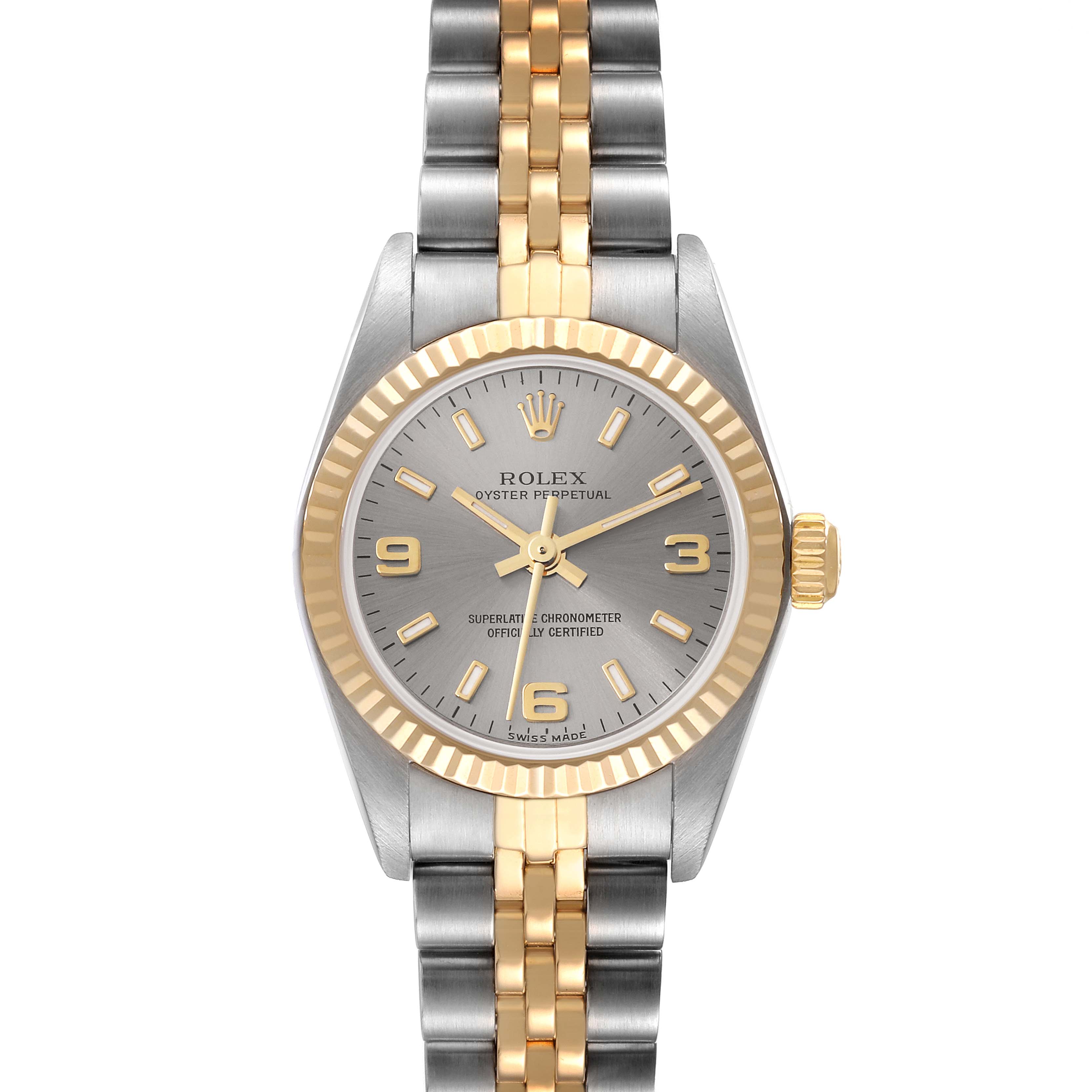 This Rolex Oyster Perpetual 76193 Women's Steel and Gold (two tone) Silver Dial 76193 Women's Steel and Gold (two tone) Silver Dial watch is shown from a front angle, displaying its dial, bezel, and two-tone bracelet.