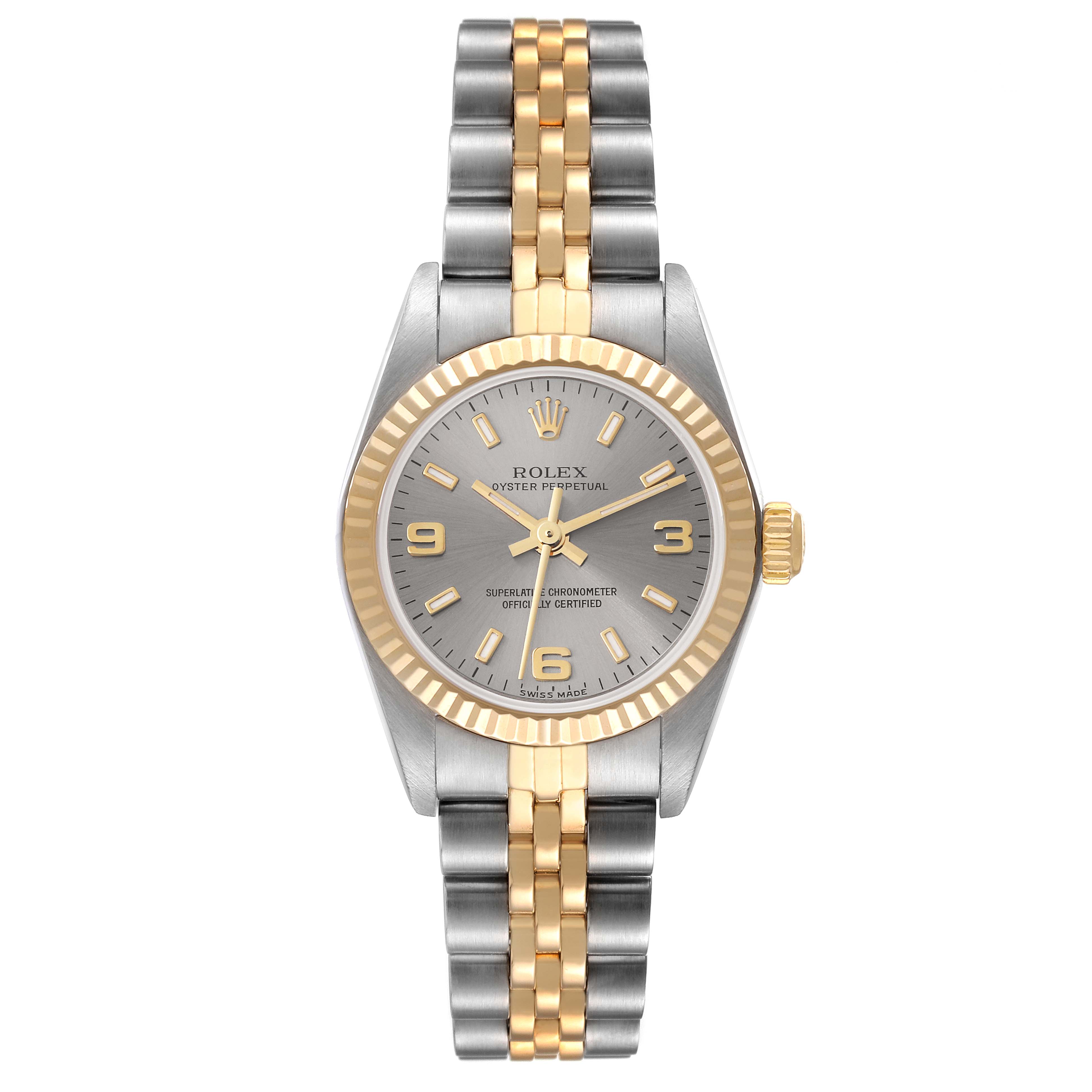 This image shows a Rolex Oyster Perpetual 76193 Women's Steel and Gold (two tone) Silver Dial 76193 Women's Steel and Gold (two tone) Silver Dial watch with a silver and gold two-tone bracelet, viewed from the front.