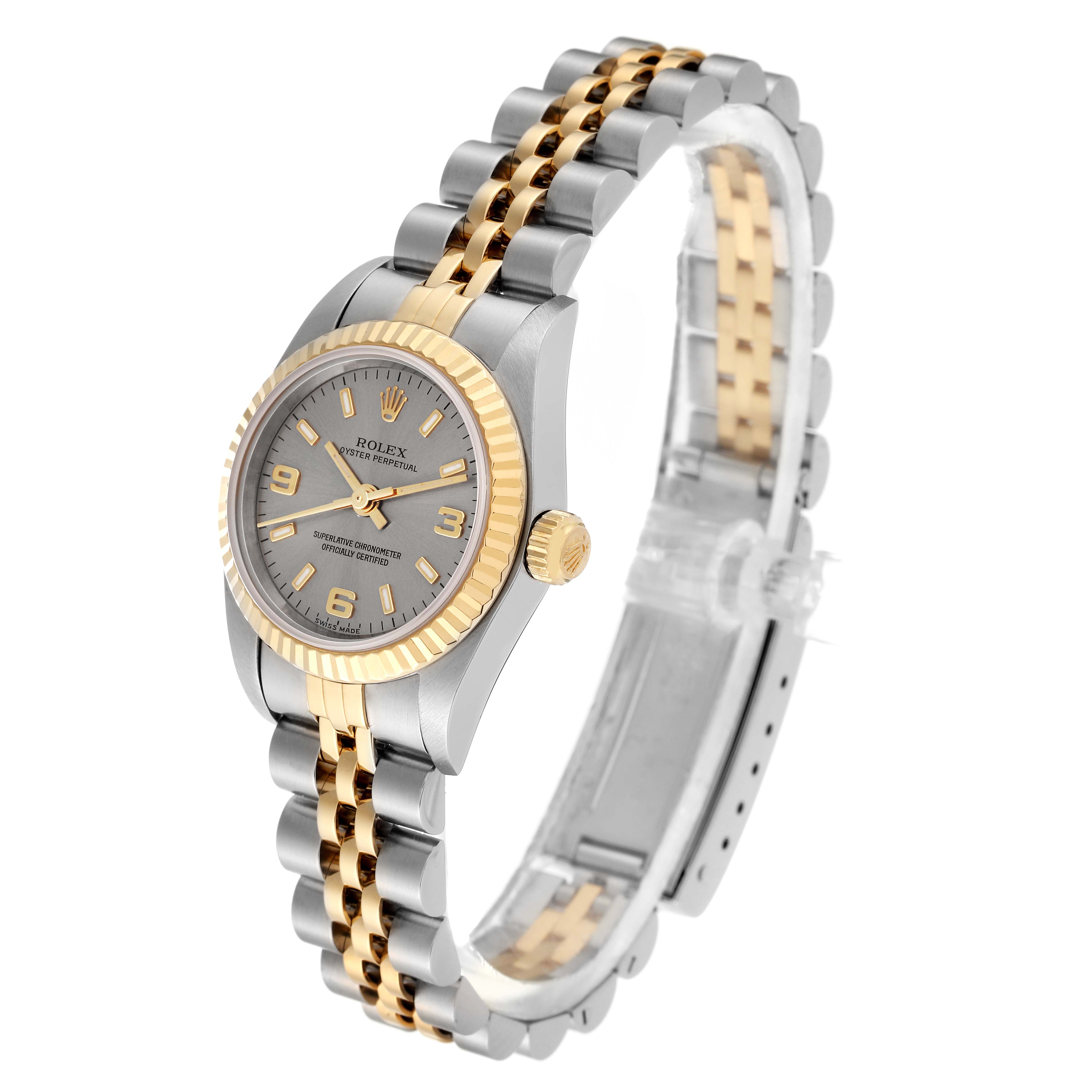 This image shows a Rolex Oyster Perpetual 76193 Women's Steel and Gold (two tone) Silver Dial 76193 Women's Steel and Gold (two tone) Silver Dial watch at a slight angle, highlighting its dial, two-tone bezel, and bracelet.