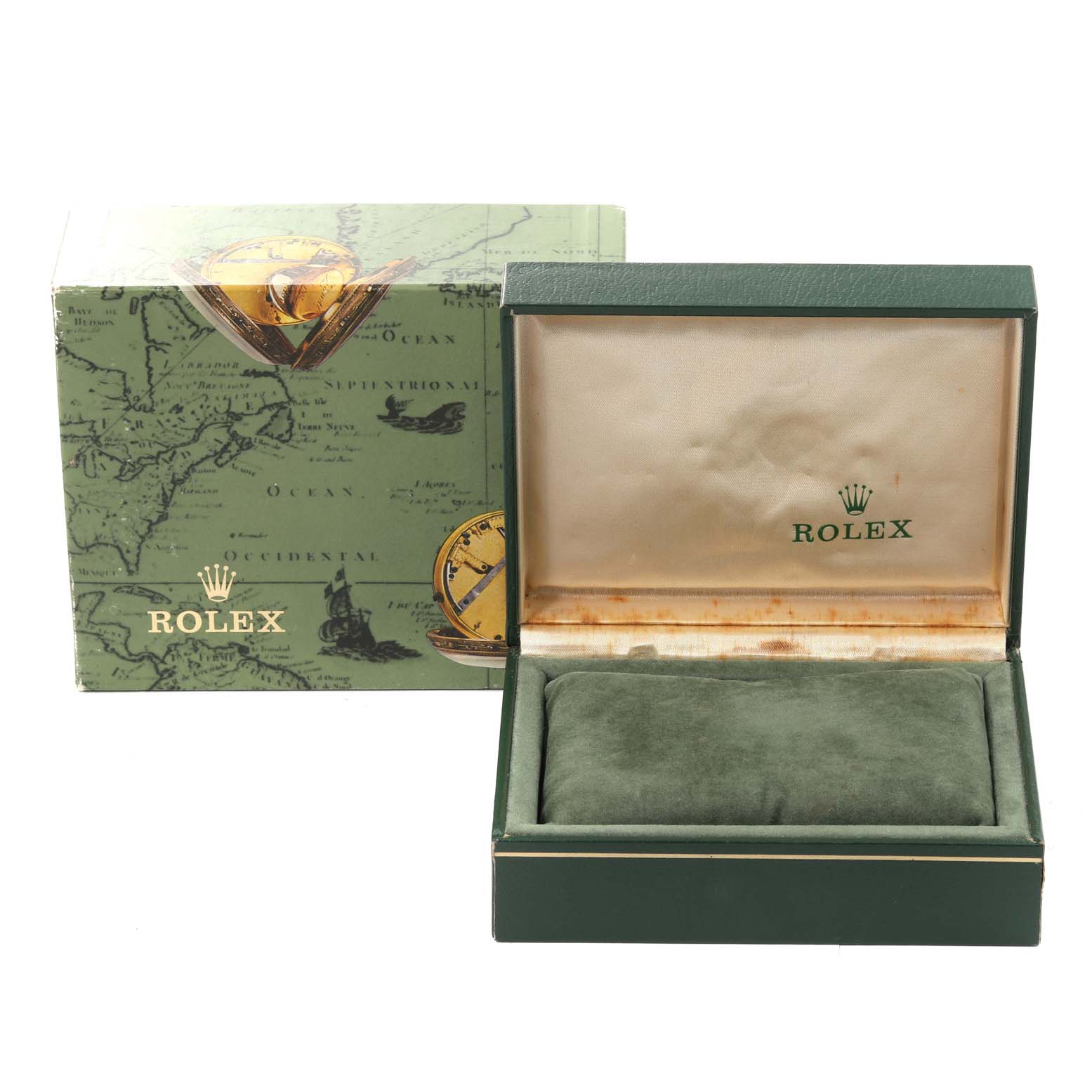 The image shows a Rolex green watch box and outer packaging for an Oyster Perpetual model with the lid open.