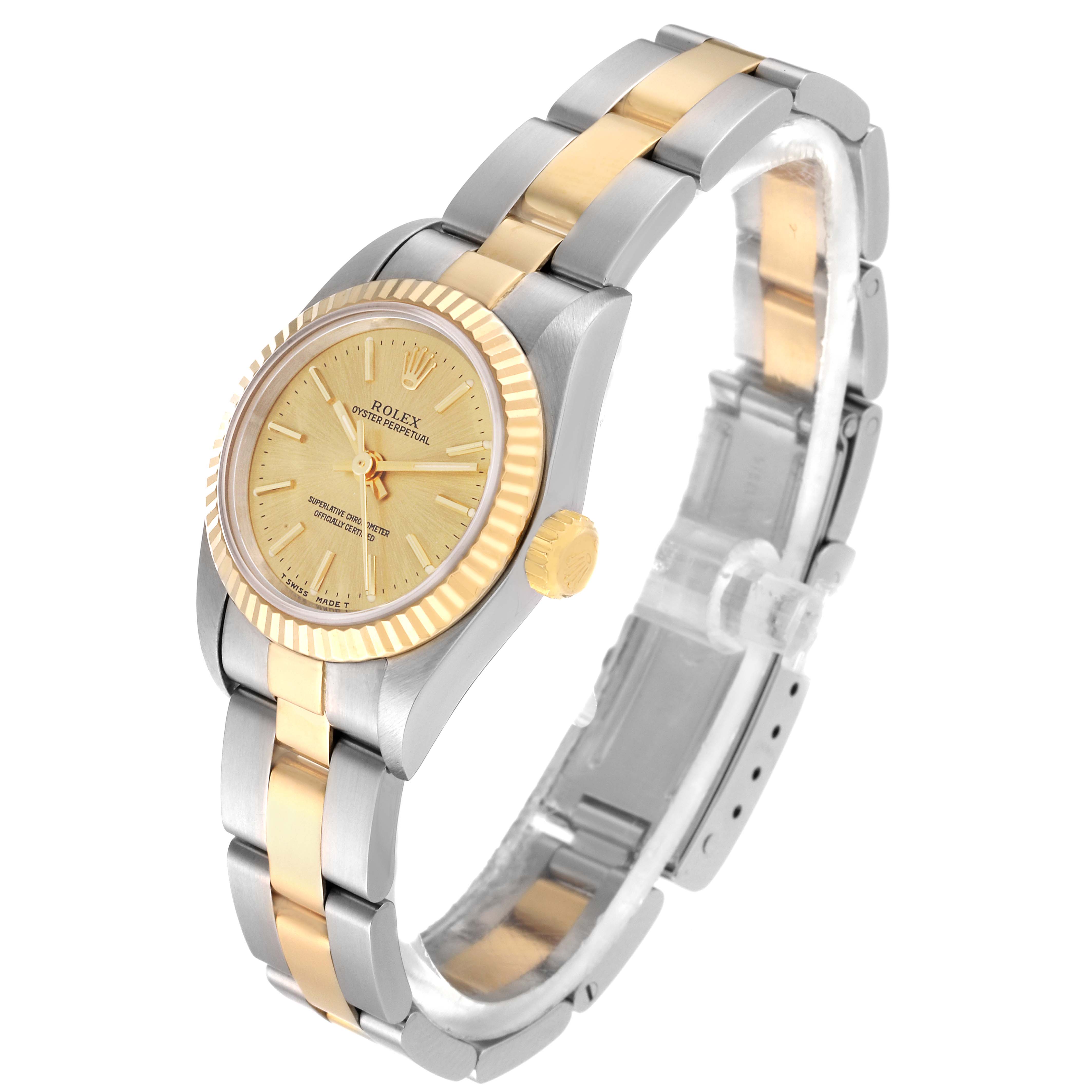 The image shows a side and slightly top perspective of a Rolex Oyster Perpetual 67193 Women's Steel and Gold (two tone) Champagne Dial 67193 Women's Steel and Gold (two tone) Champagne Dial watch, highlighting its two-tone bracelet and face.