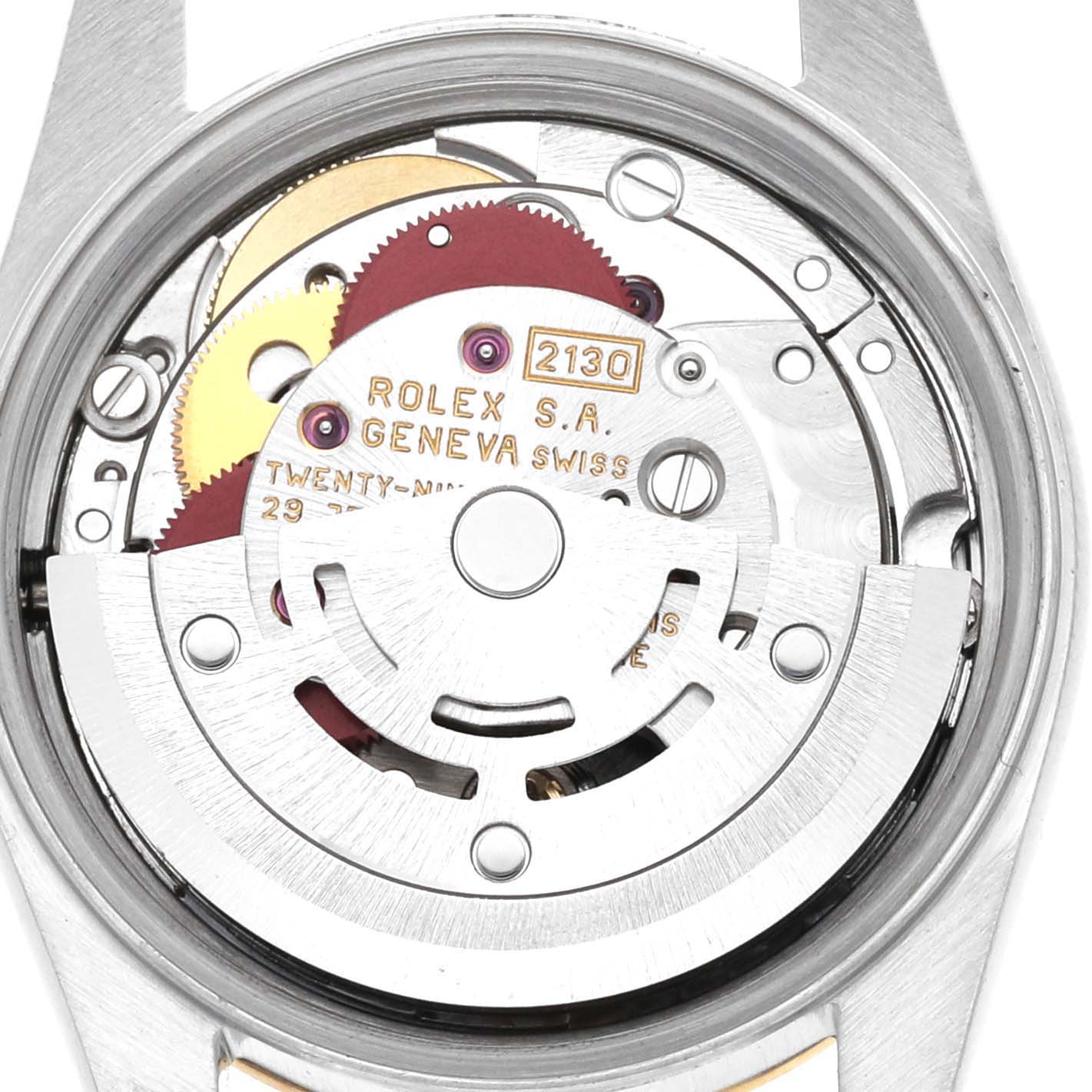 This image shows the internal movement mechanism of the Rolex Oyster Perpetual 67193 Women's Steel and Gold (two tone) Champagne Dial 67193 Women's Steel and Gold (two tone) Champagne Dial watch, viewed from the back.