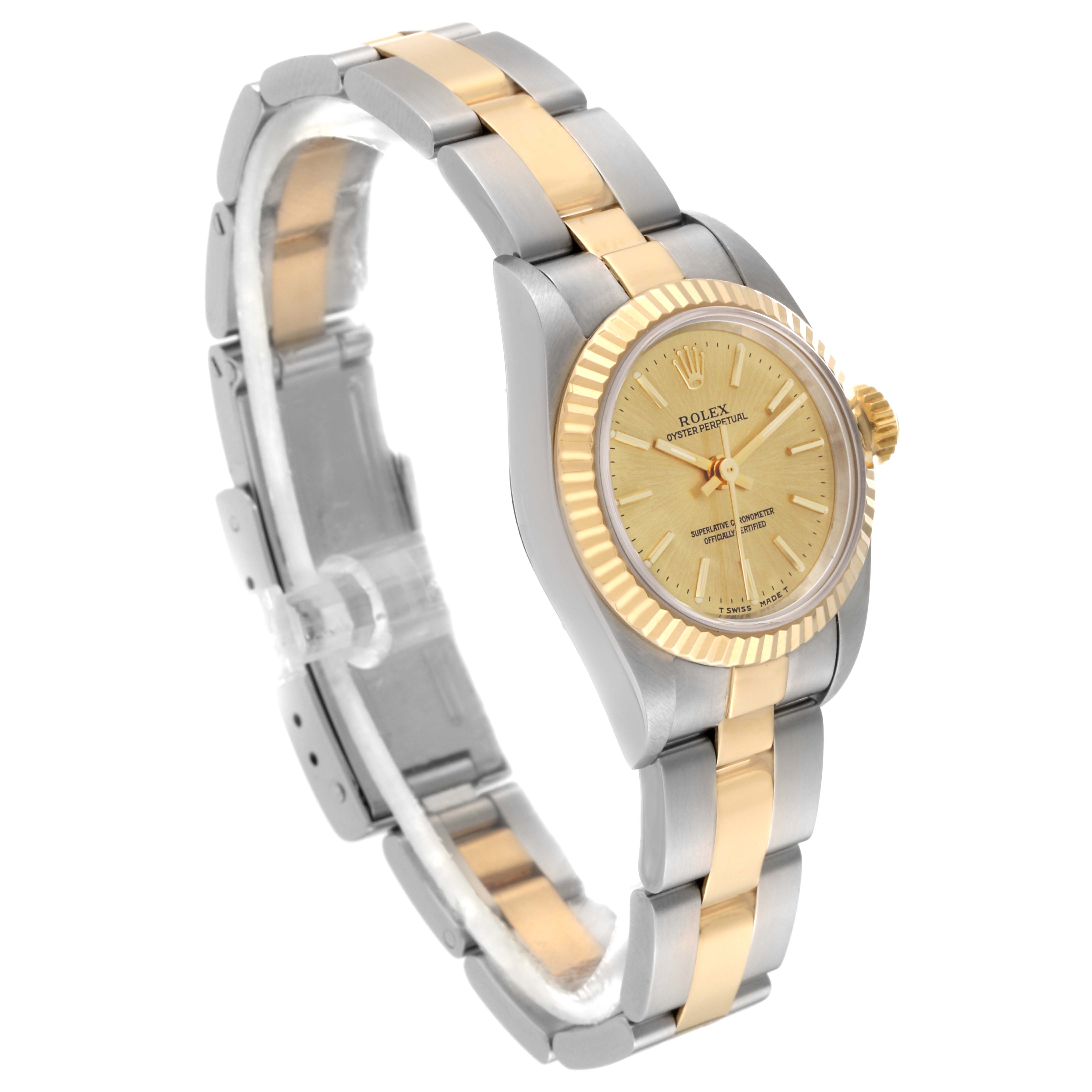 This image shows a Rolex Oyster Perpetual 67193 Women's Steel and Gold (two tone) Champagne Dial 67193 Women's Steel and Gold (two tone) Champagne Dial watch at a slight side angle, highlighting its two-tone bracelet and gold dial.