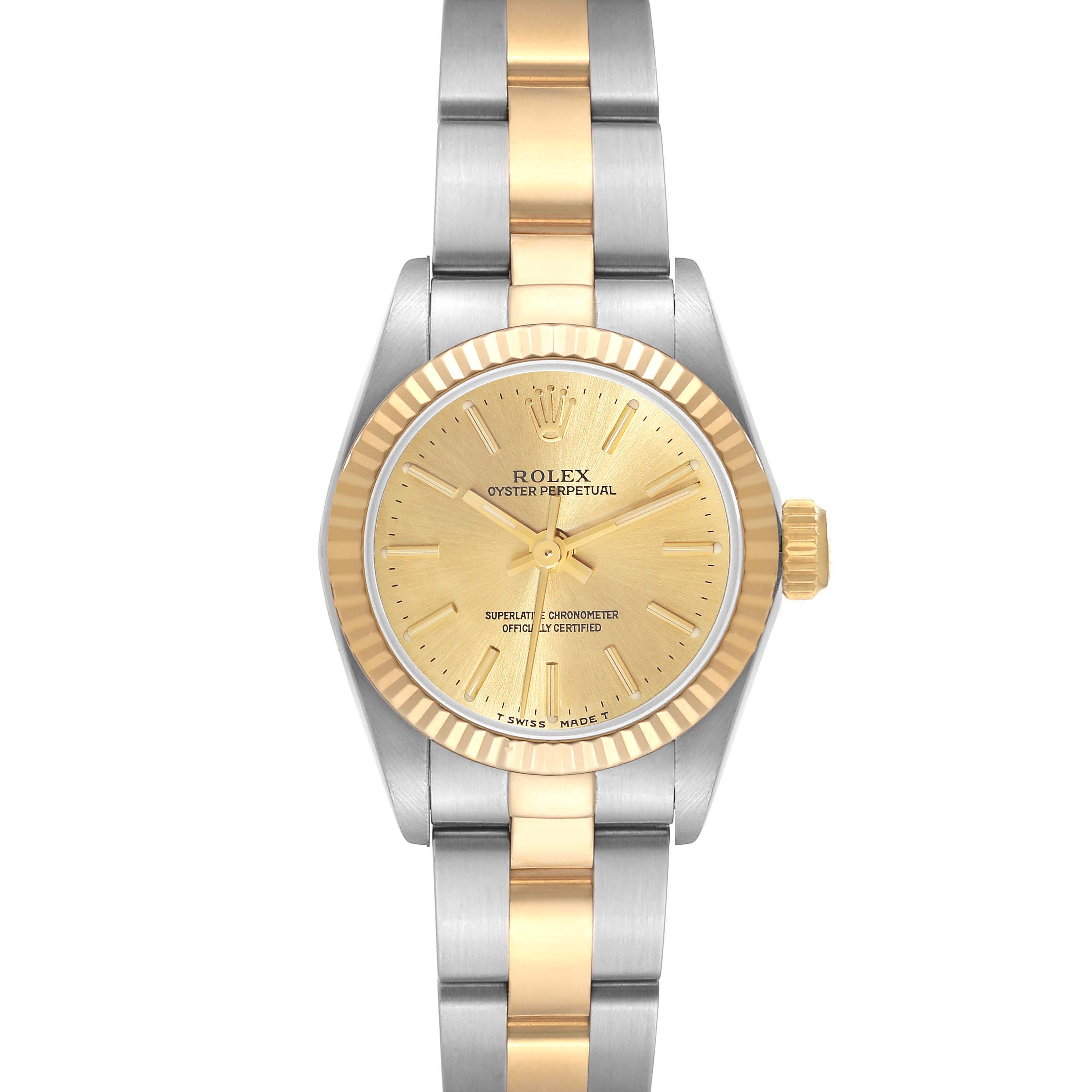 The image shows a front view of a Rolex Oyster Perpetual 67193 Women's Steel and Gold (two tone) Champagne Dial 67193 Women's Steel and Gold (two tone) Champagne Dial watch, highlighting its gold and silver bracelet and gold dial.