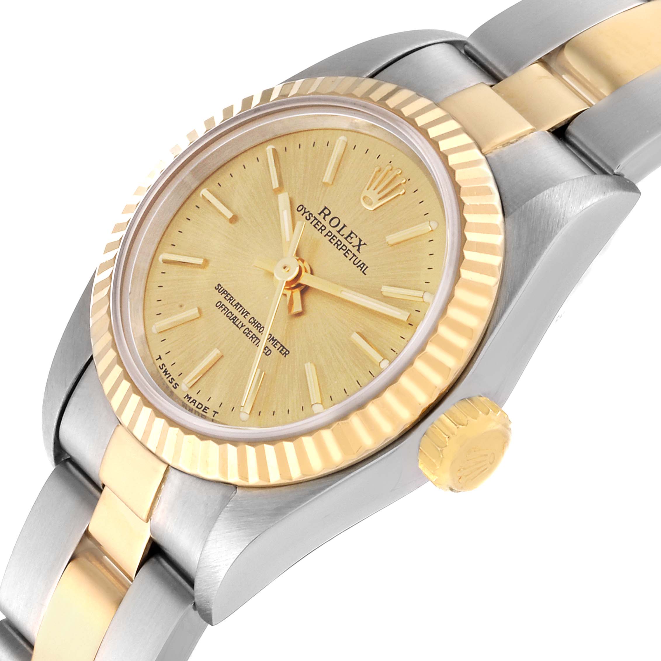 This image shows the dial, bezel, crown, and part of the bracelet of a Rolex Oyster Perpetual 67193 Women's Steel and Gold (two tone) Champagne Dial 67193 Women's Steel and Gold (two tone) Champagne Dial watch at an angled view.