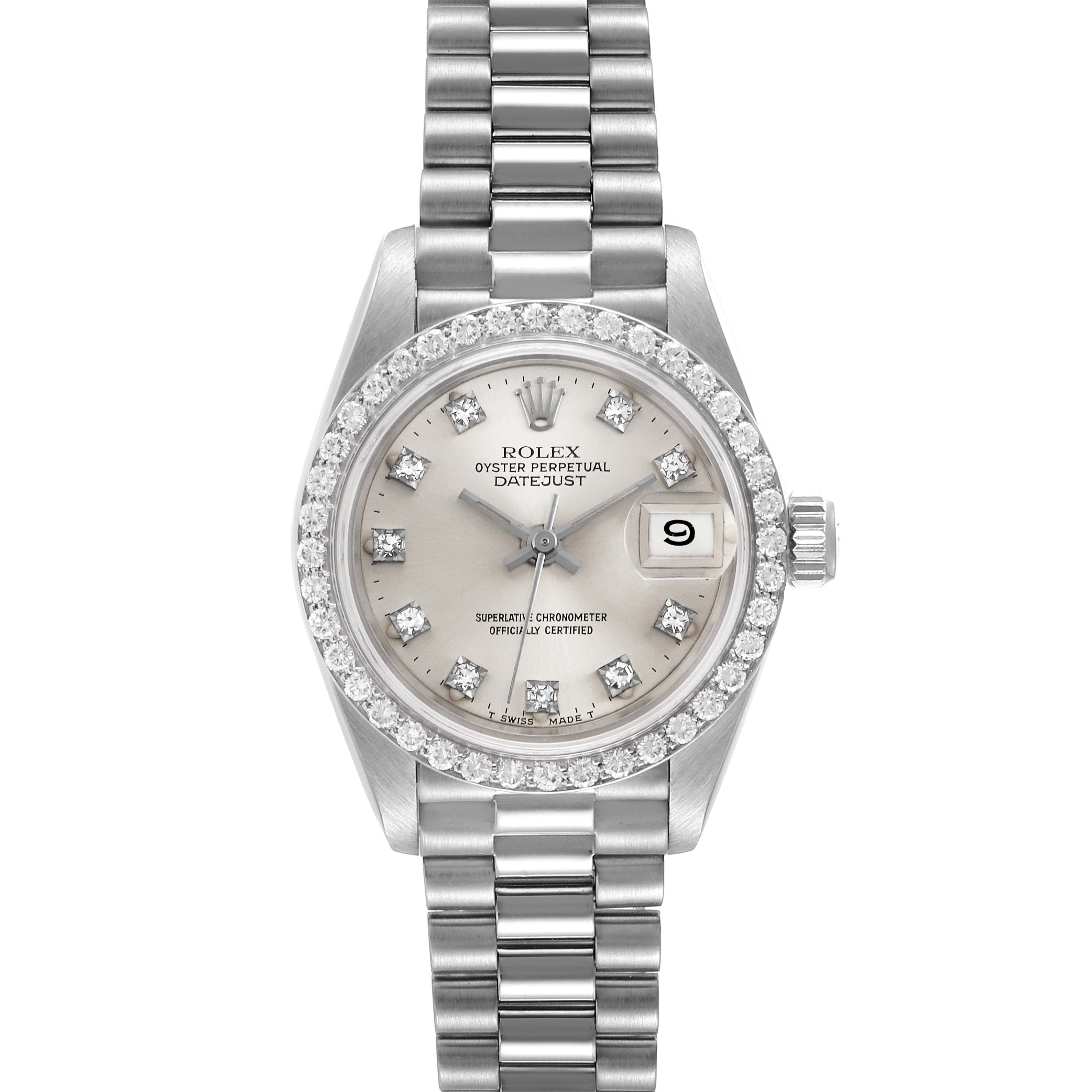 This Rolex President 69139 Women's White Gold Silver Dial 69139 Women's White Gold Silver Dial Datejust model is shown from the front, displaying its face, bezel, and bracelet.