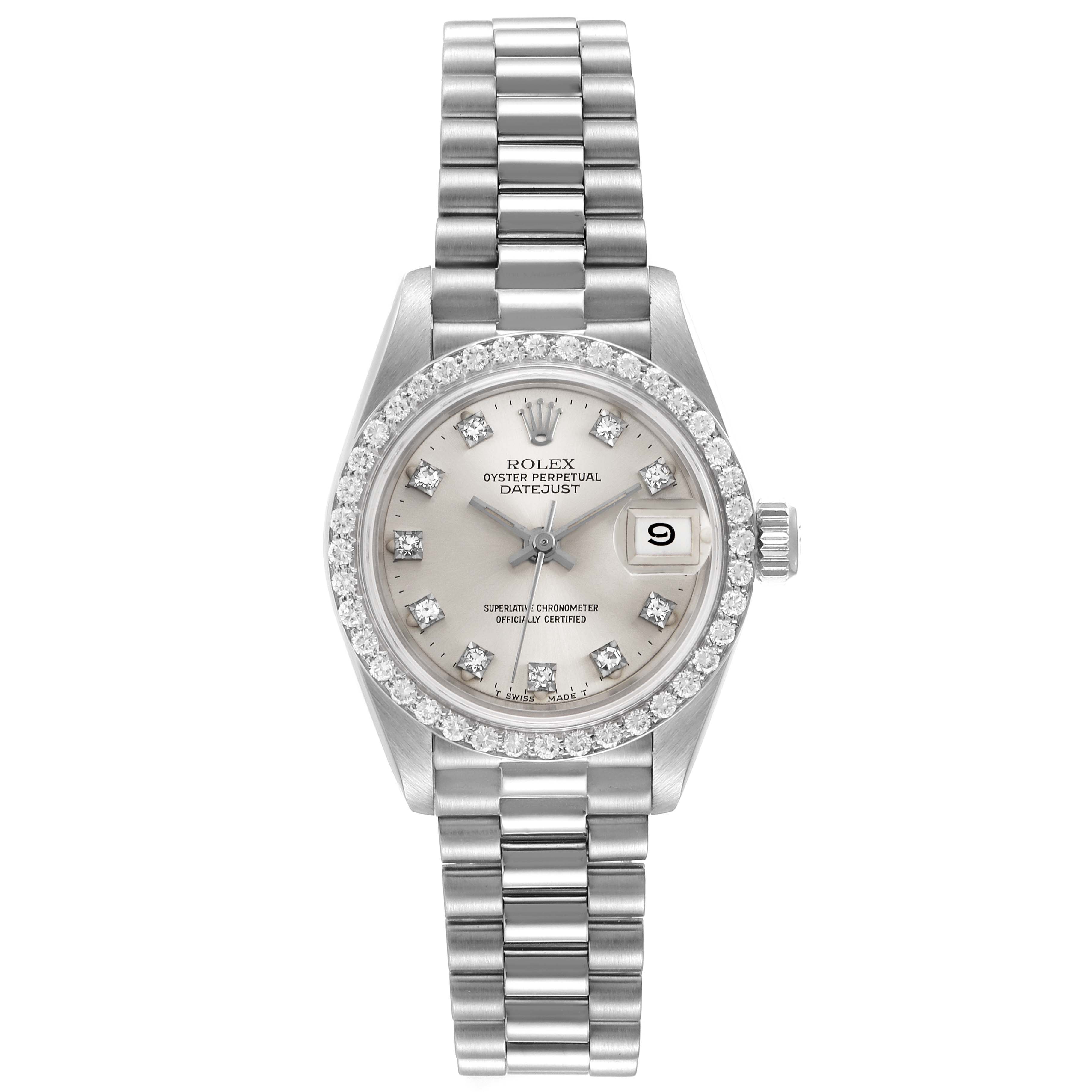 The image shows a front view of a Rolex President 69139 Women's White Gold Silver Dial 69139 Women's White Gold Silver Dial model watch, displaying the dial, bezel, case, crown, and bracelet.