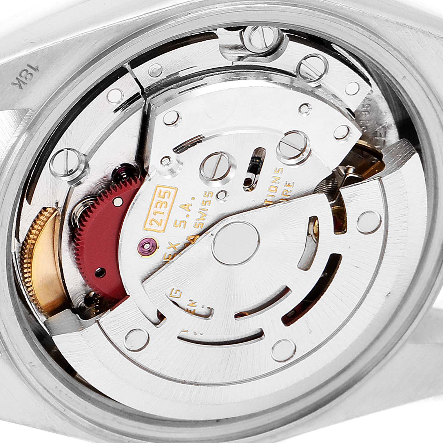 This image shows the movement mechanism of a Rolex President 69139 Women's White Gold Silver Dial 69139 Women's White Gold Silver Dial model watch from a close-up, angled view. 
