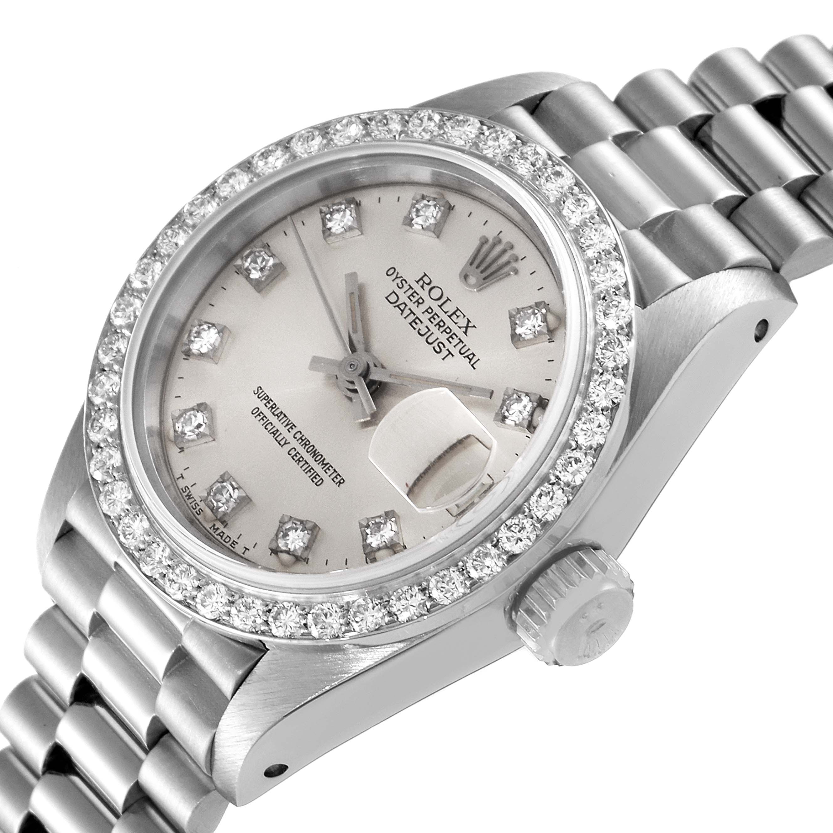 The Rolex President 69139 Women's White Gold Silver Dial 69139 Women's White Gold Silver Dial model watch is shown at a slight angle, highlighting its dial, diamond bezel, crown, and bracelet.