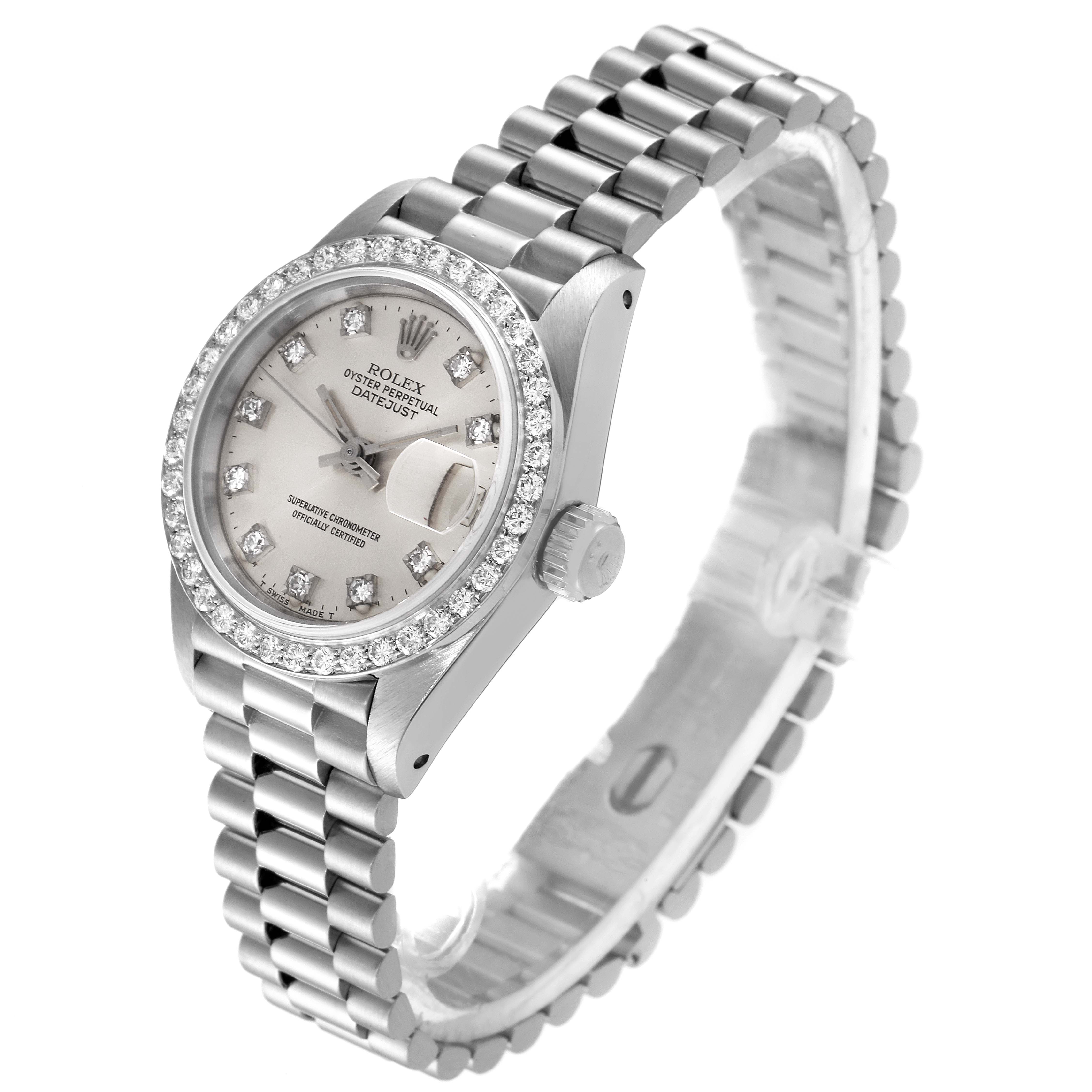 The Rolex President 69139 Women's White Gold Silver Dial 69139 Women's White Gold Silver Dial model watch is shown at an angled view that displays the face, bezel, crown, and bracelet.