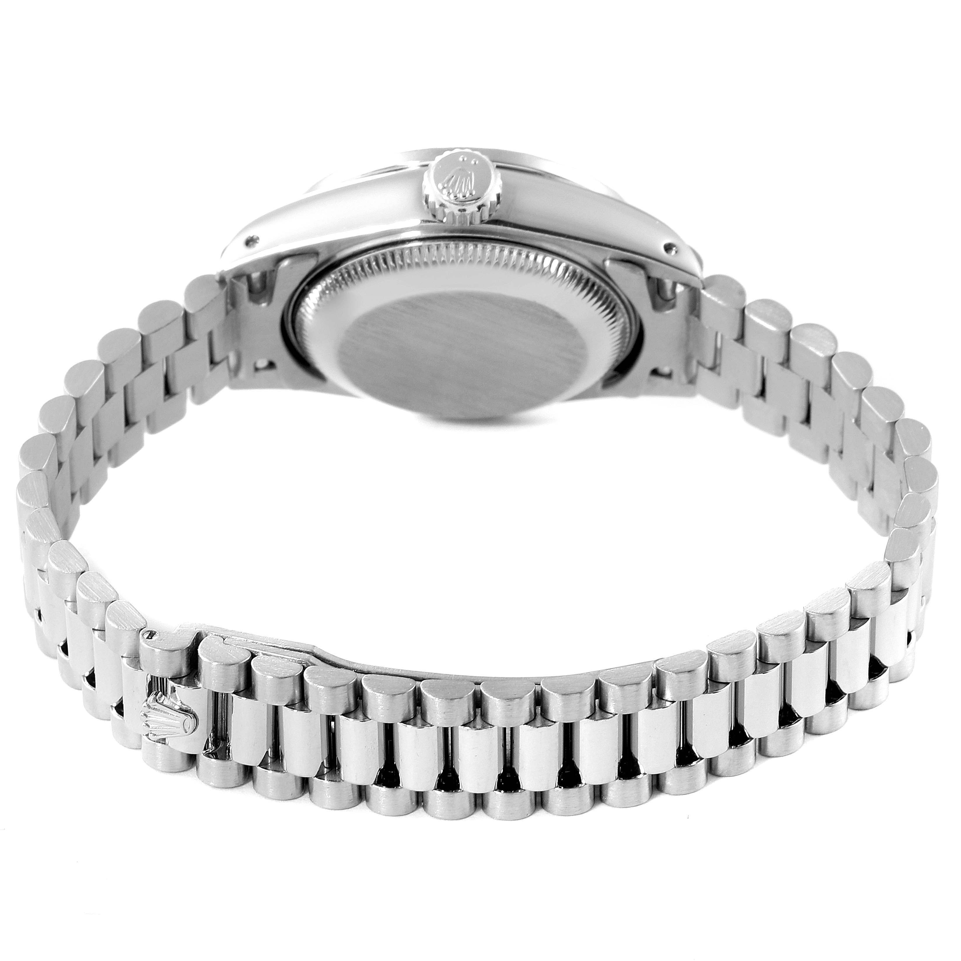 The image shows the back of the Rolex President 69139 Women's White Gold Silver Dial 69139 Women's White Gold Silver Dial model watch, highlighting the bracelet, clasp, case back, and crown.