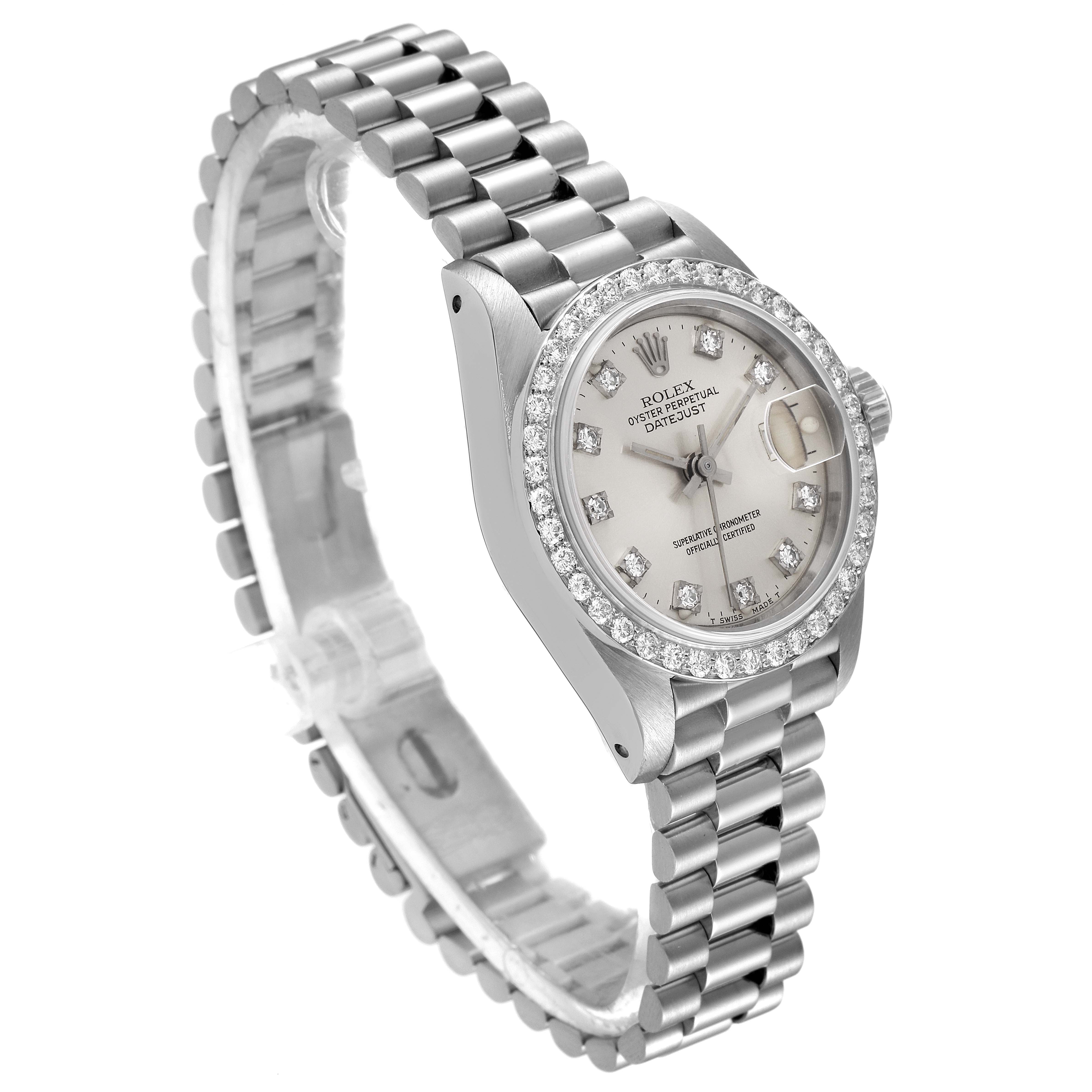 This image shows a side angle of a Rolex President 69139 Women's White Gold Silver Dial 69139 Women's White Gold Silver Dial model watch, highlighting its diamond bezel, dial, and bracelet.