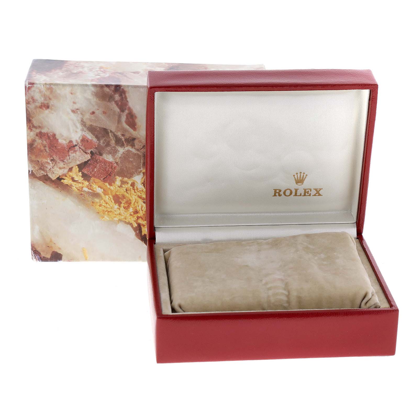 The image shows an open Rolex President 69139 Women's White Gold Silver Dial 69139 Women's White Gold Silver Dial model watch box with a cushion inside and the brand logo on the lid.