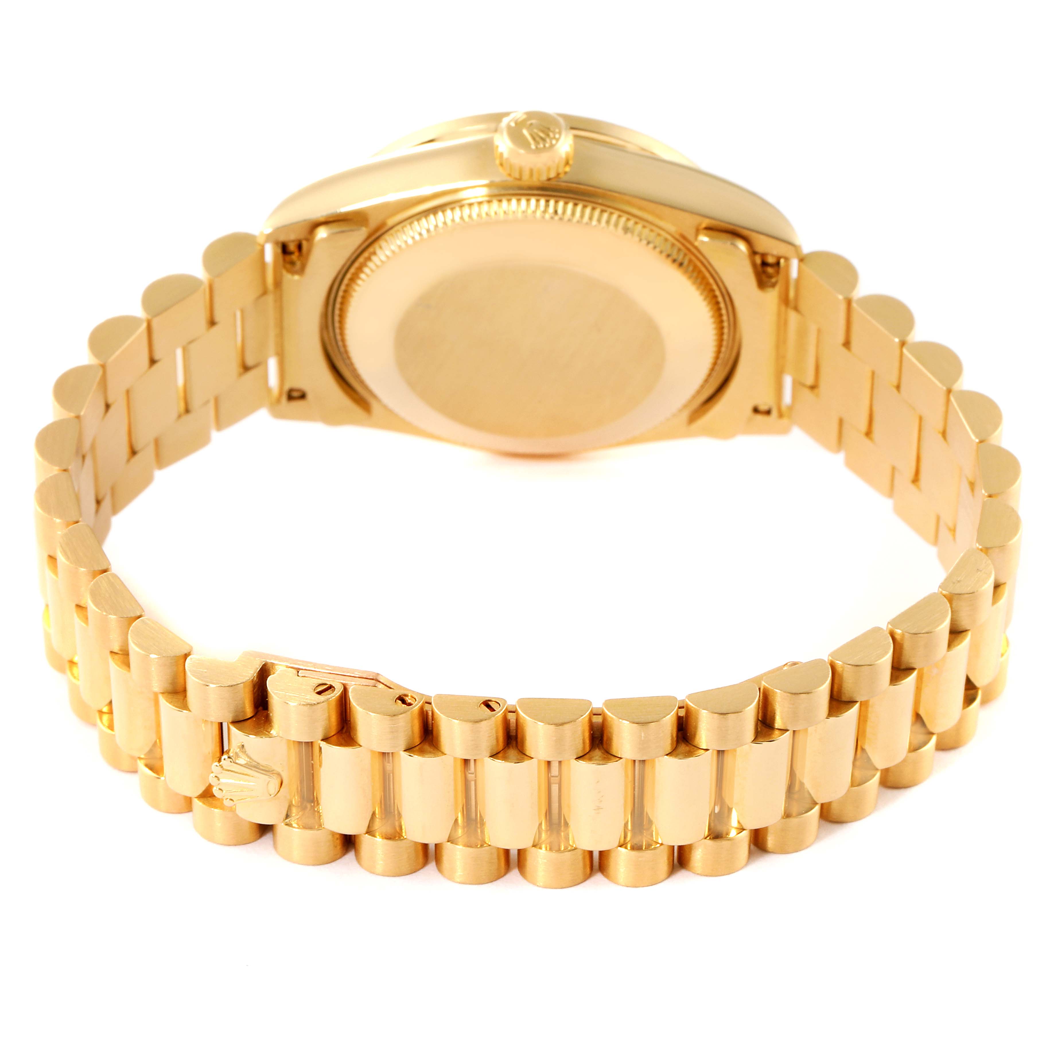 This image shows the back case and bracelet of a Rolex President 68288 Women
s Yellow Gold Champagne Dial 68288 Women
s Yellow Gold Champagne Dial model watch, viewed from the rear angle.