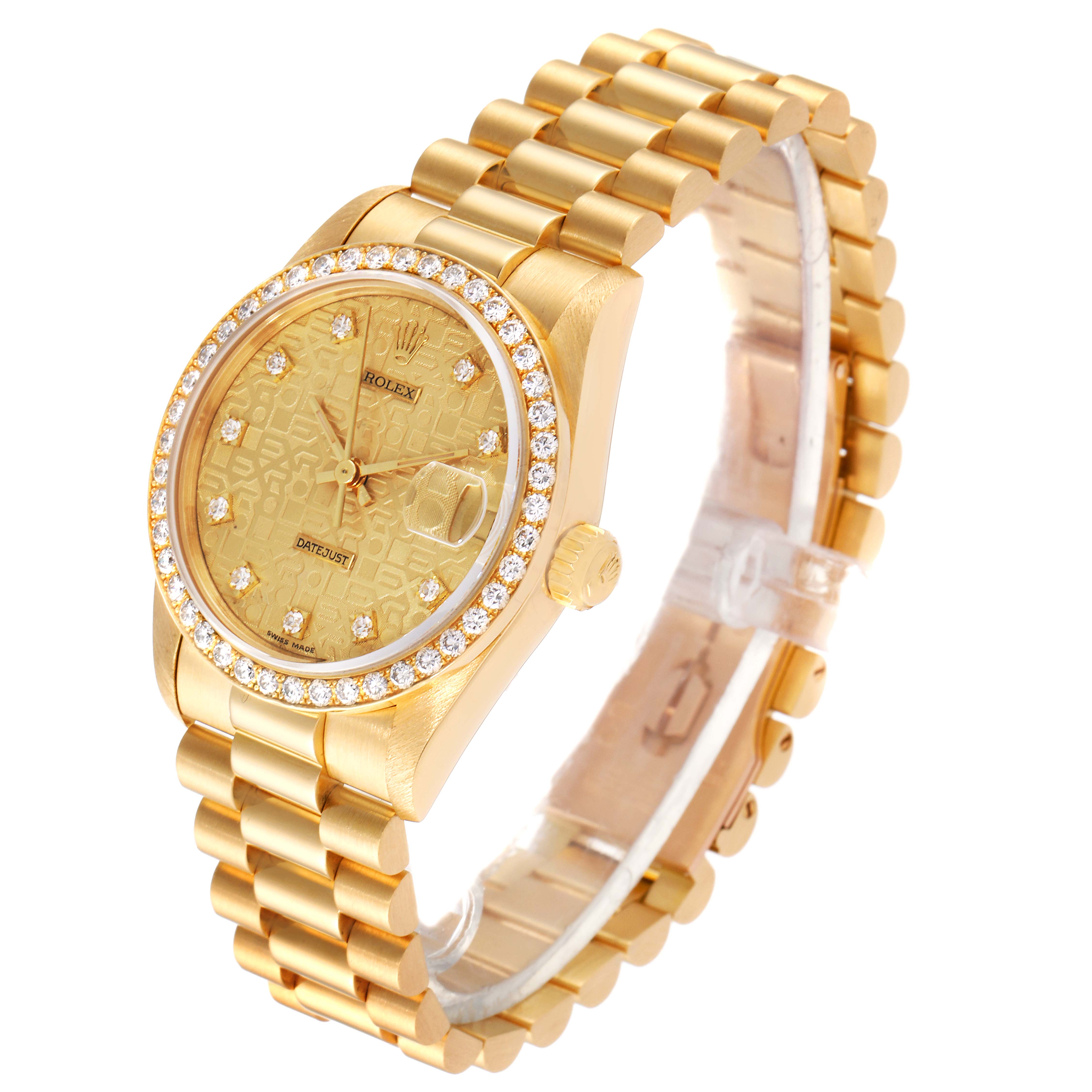 The President model by Rolex is shown at an angled side view, highlighting the watch face, bezel, and the bracelet.