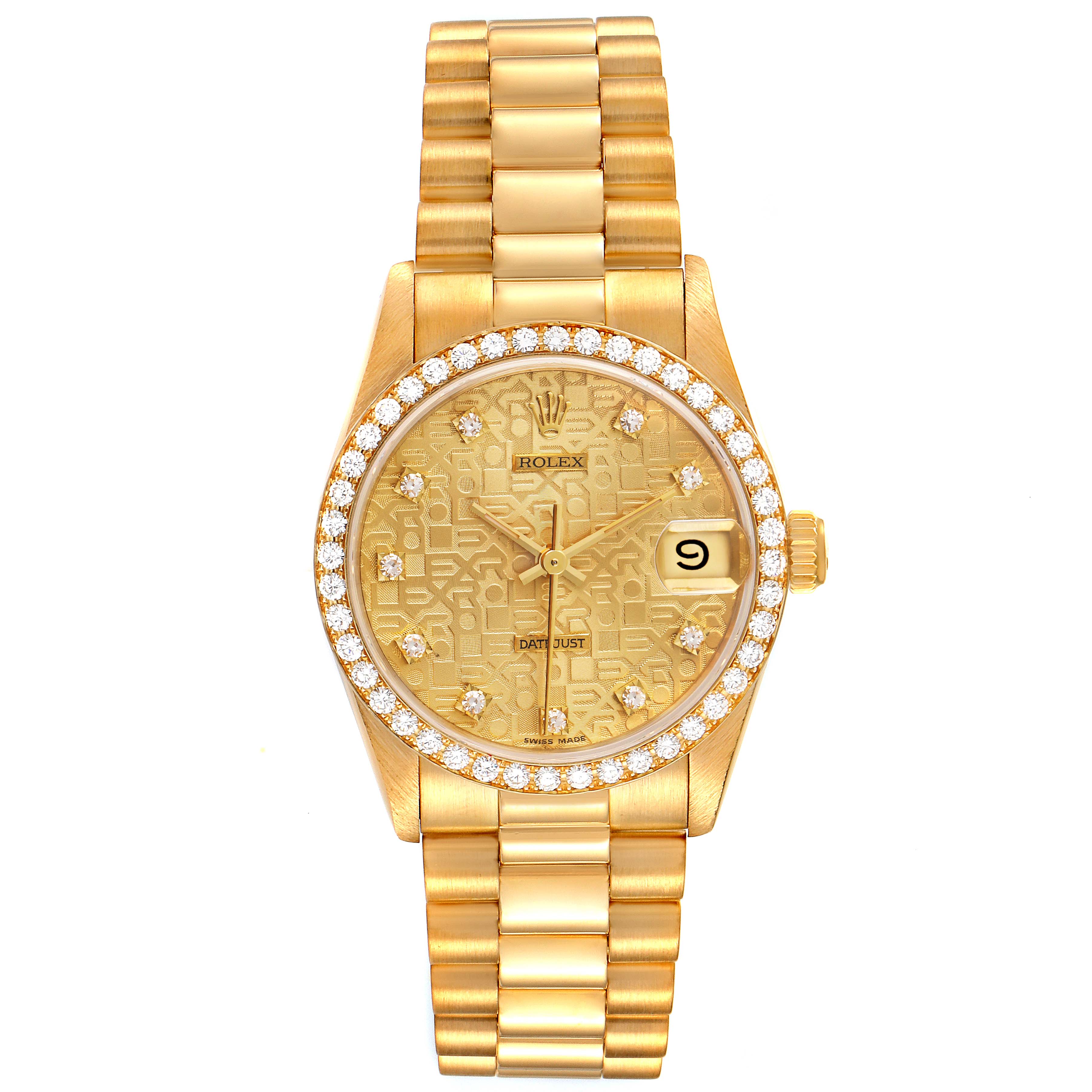 The image shows a frontal view of a Rolex President 68288 Women
s Yellow Gold Champagne Dial 68288 Women
s Yellow Gold Champagne Dial model watch, featuring its gold case, diamond bezel, and bracelet.