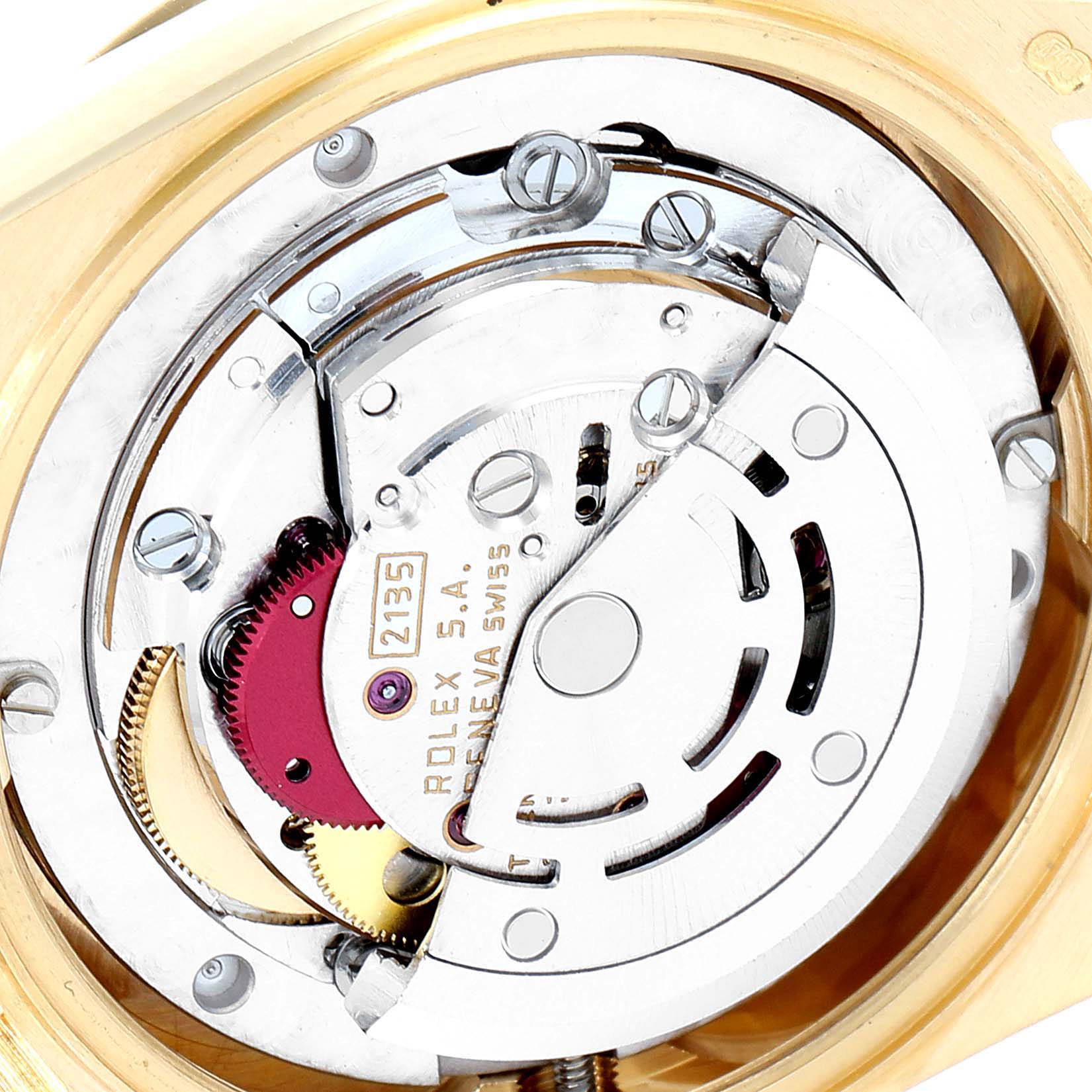 The image shows the internal movement mechanism of a Rolex President 68288 Women
s Yellow Gold Champagne Dial 68288 Women
s Yellow Gold Champagne Dial watch, viewed from the rear.