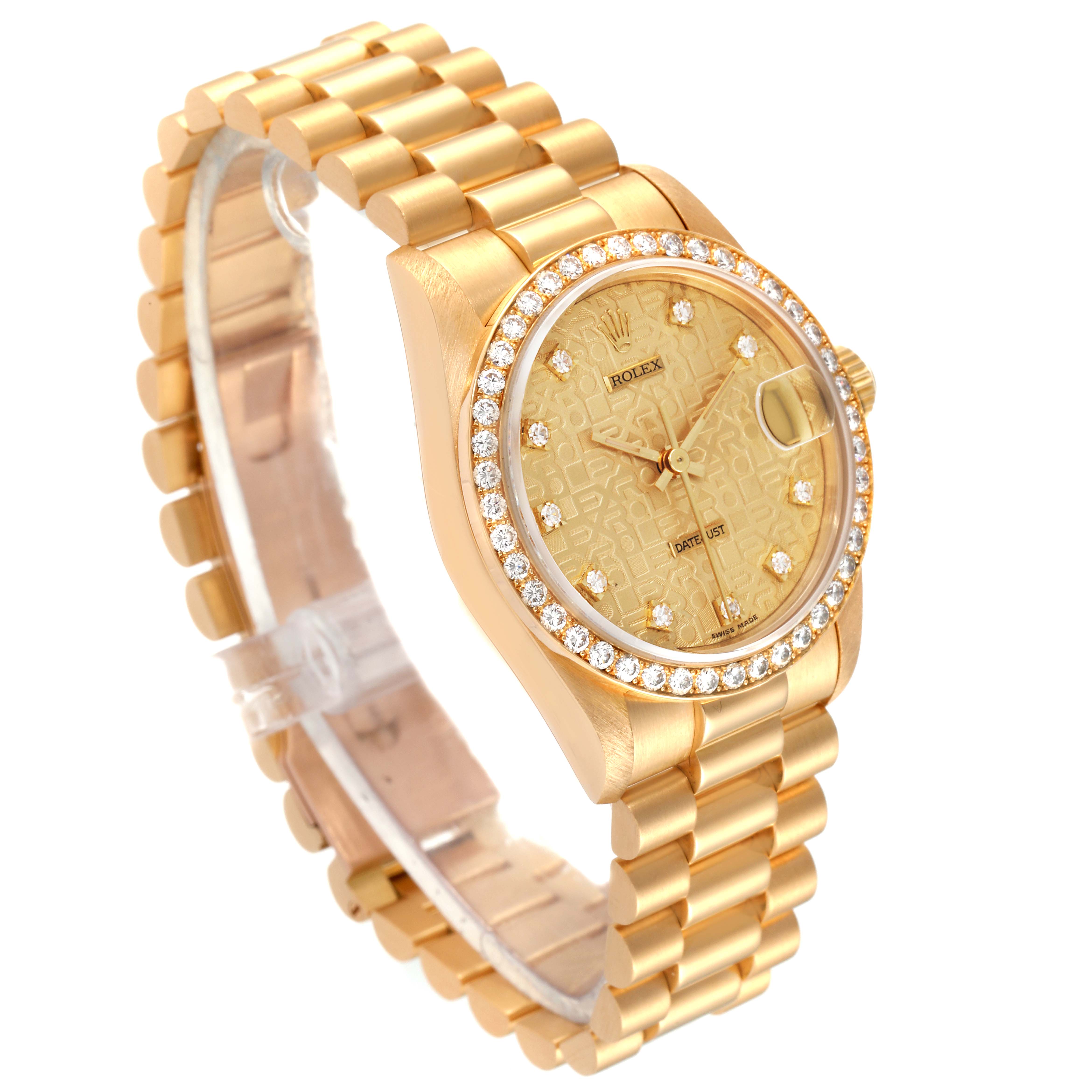 The image shows a side-angle view of a gold Rolex President 68288 Women
s Yellow Gold Champagne Dial 68288 Women
s Yellow Gold Champagne Dial model watch, highlighting its bezel, dial, and bracelet.