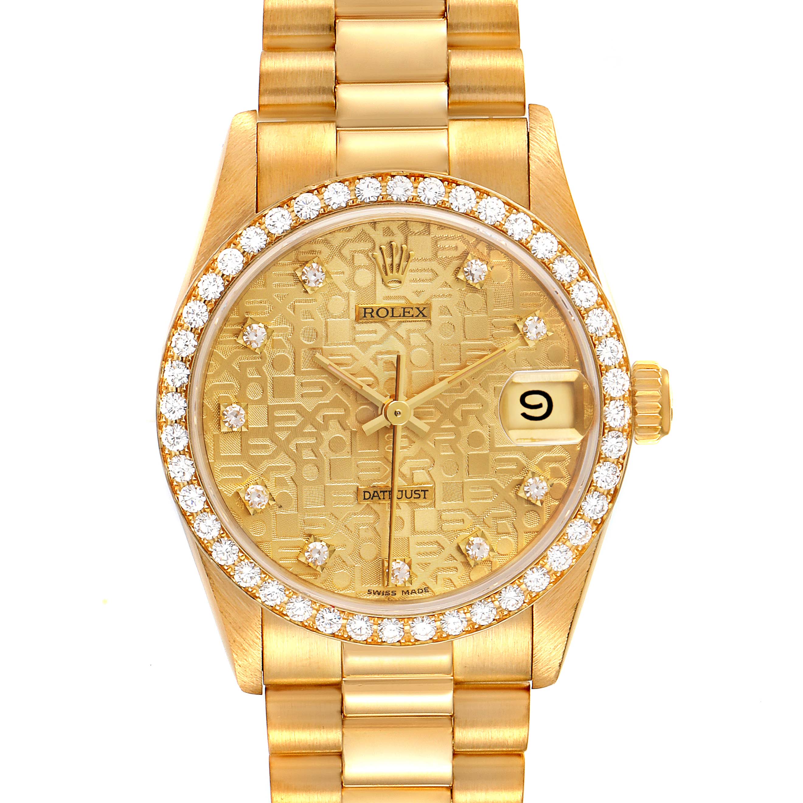 This image shows a frontal view of the Rolex President 68288 Women
s Yellow Gold Champagne Dial 68288 Women
s Yellow Gold Champagne Dial model watch, highlighting its bracelet, dial, bezel, and crown.