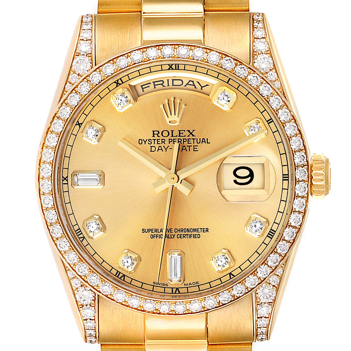 This image shows a front view of the Rolex President 118388 Men's Yellow Gold Champagne Dial 118388 Men's Yellow Gold Champagne Dial model, highlighting the dial, bezel, crown, and part of the bracelet.