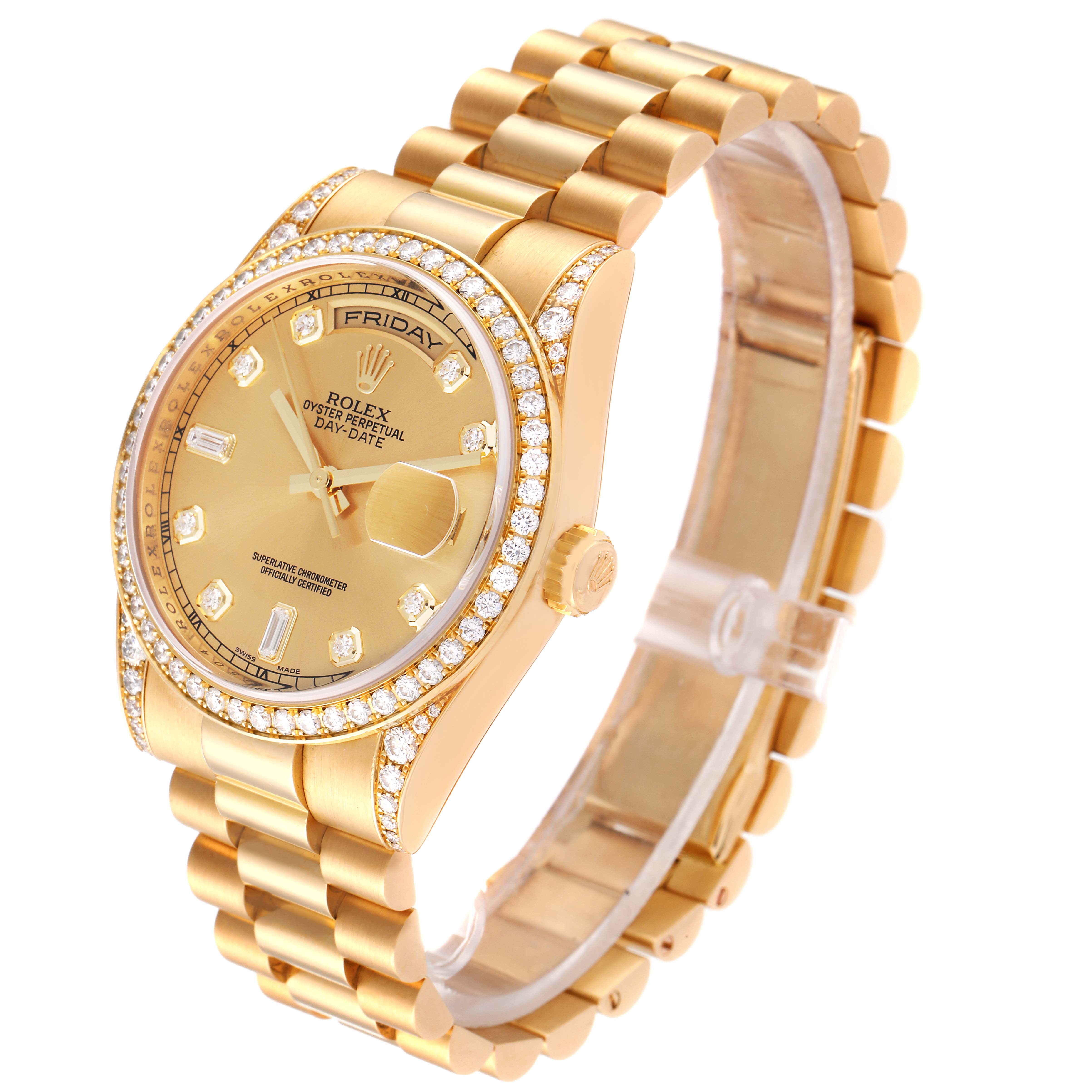 The image shows a Rolex President 118388 Men's Yellow Gold Champagne Dial 118388 Men's Yellow Gold Champagne Dial model watch at a three-quarter angle, highlighting the face, bezel, bracelet, and crown.