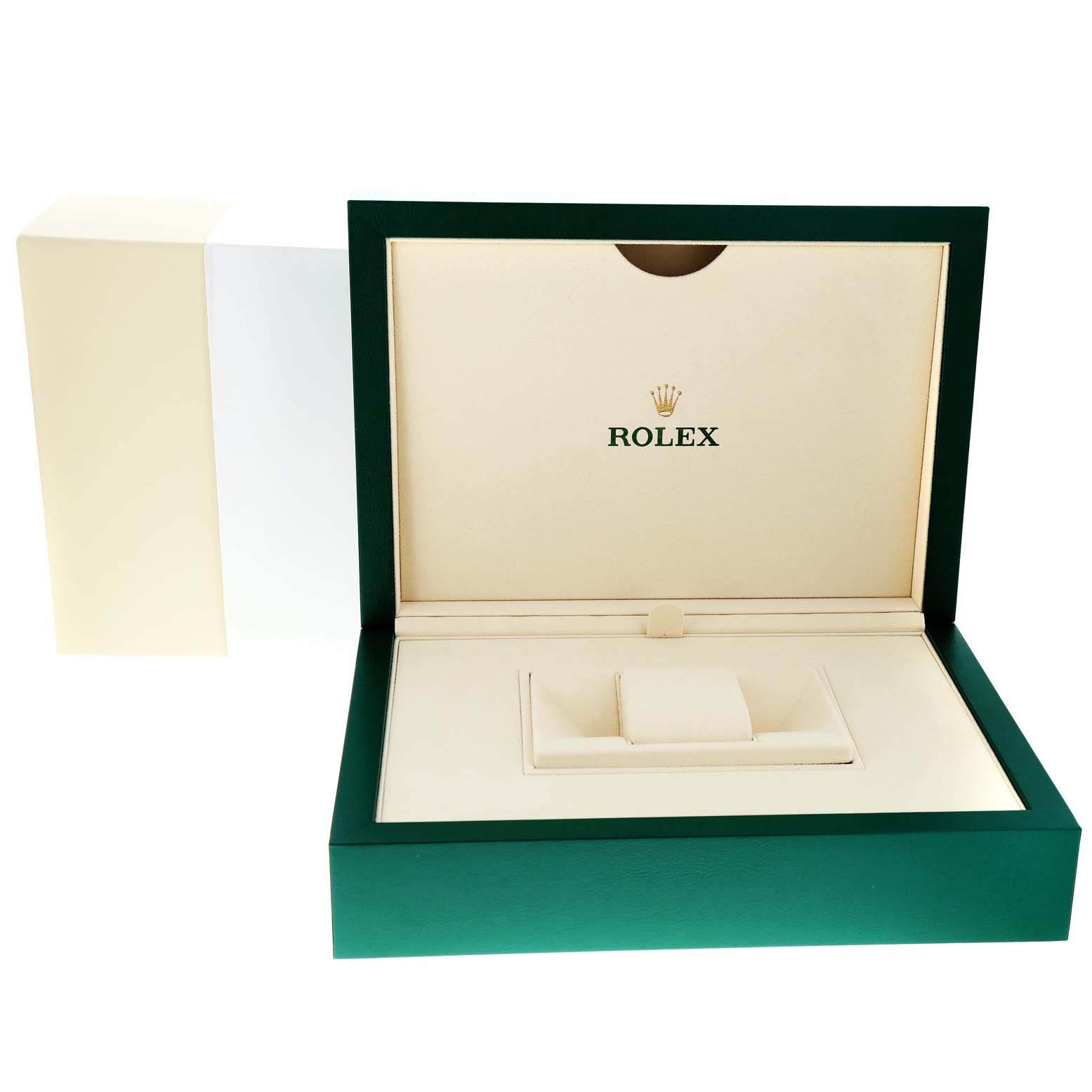 This image shows an open presentation box with the Rolex logo for a Rolex President 118388 Men's Yellow Gold Champagne Dial 118388 Men's Yellow Gold Champagne Dial model watch, viewed from the front.