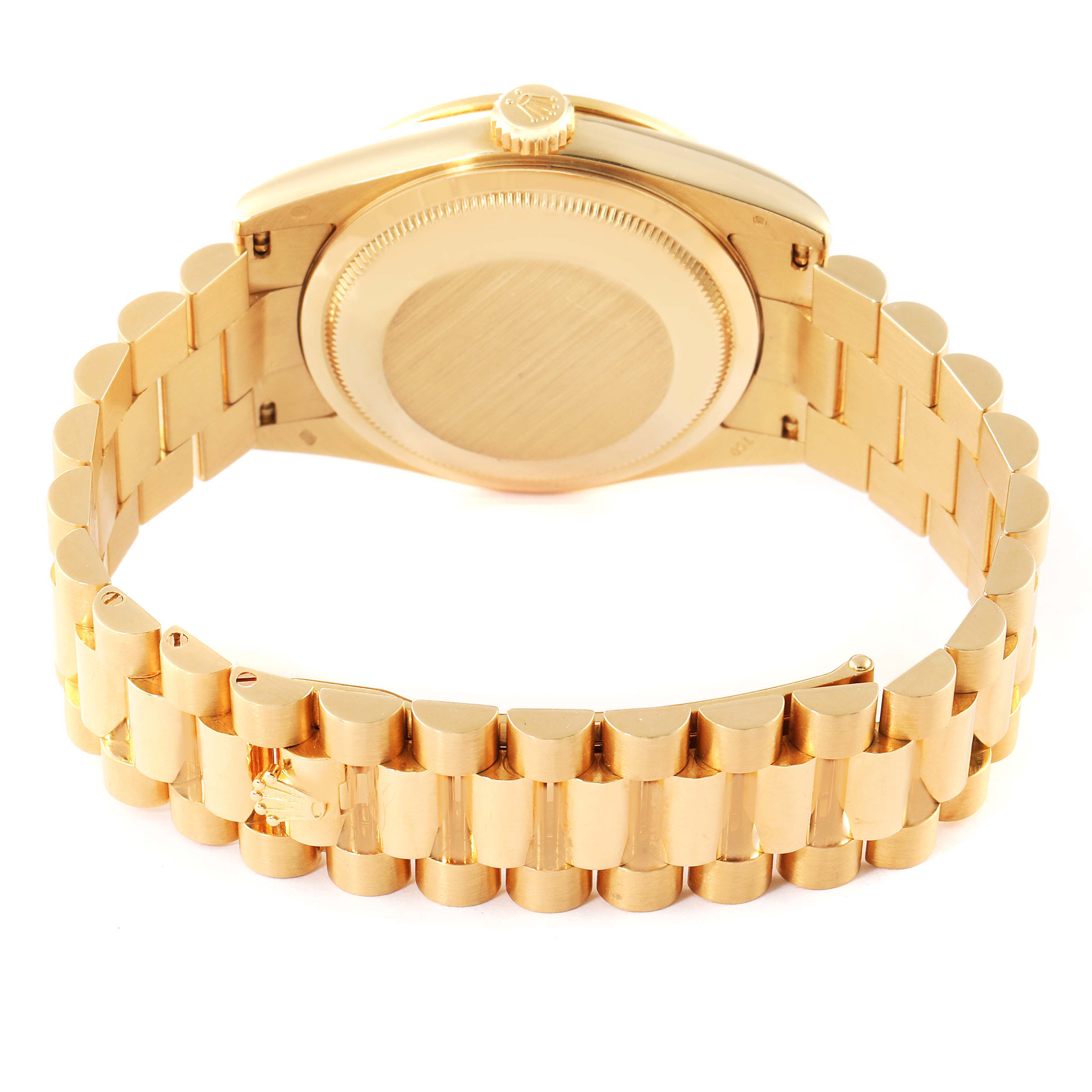 This image shows the back case and the bracelet of the Rolex President 118388 Men's Yellow Gold Champagne Dial 118388 Men's Yellow Gold Champagne Dial model watch.