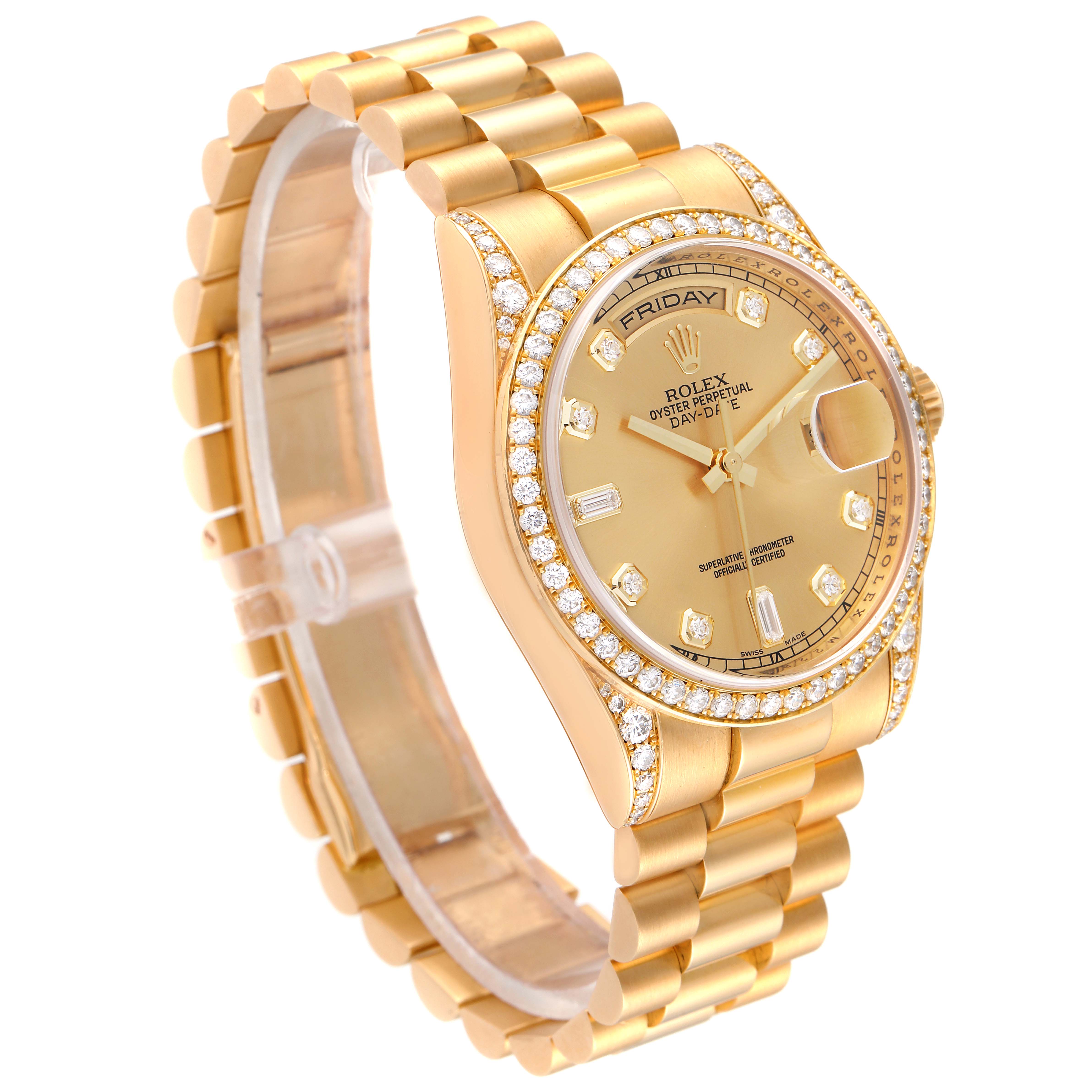 This image shows a side-front angle of a Rolex President 118388 Men's Yellow Gold Champagne Dial 118388 Men's Yellow Gold Champagne Dial model watch, featuring its gold body, diamond-encrusted bezel, and gold bracelet.