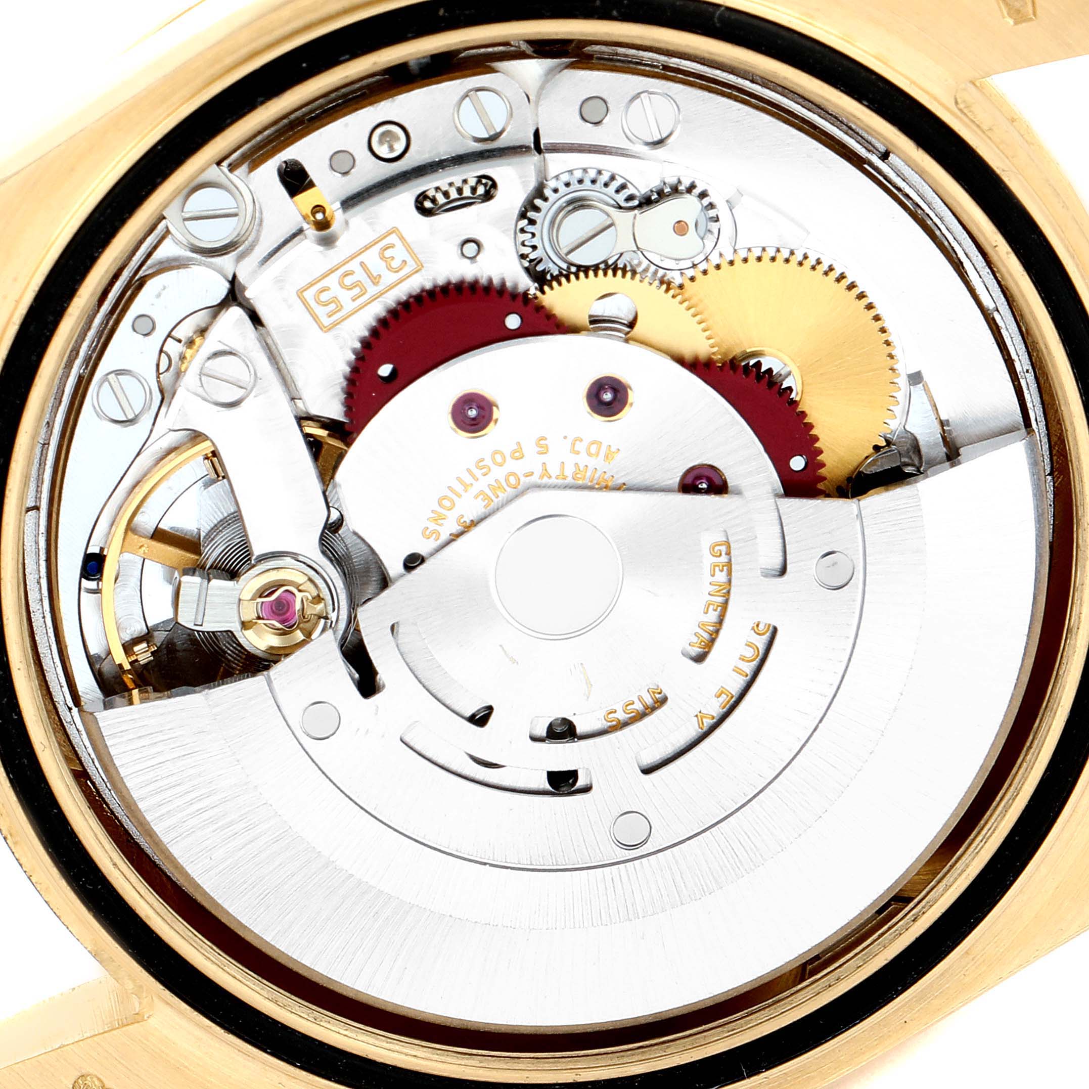 The image shows a close-up view of the movement and inner mechanics of the Rolex President 118388 Men's Yellow Gold Champagne Dial 118388 Men's Yellow Gold Champagne Dial model watch.