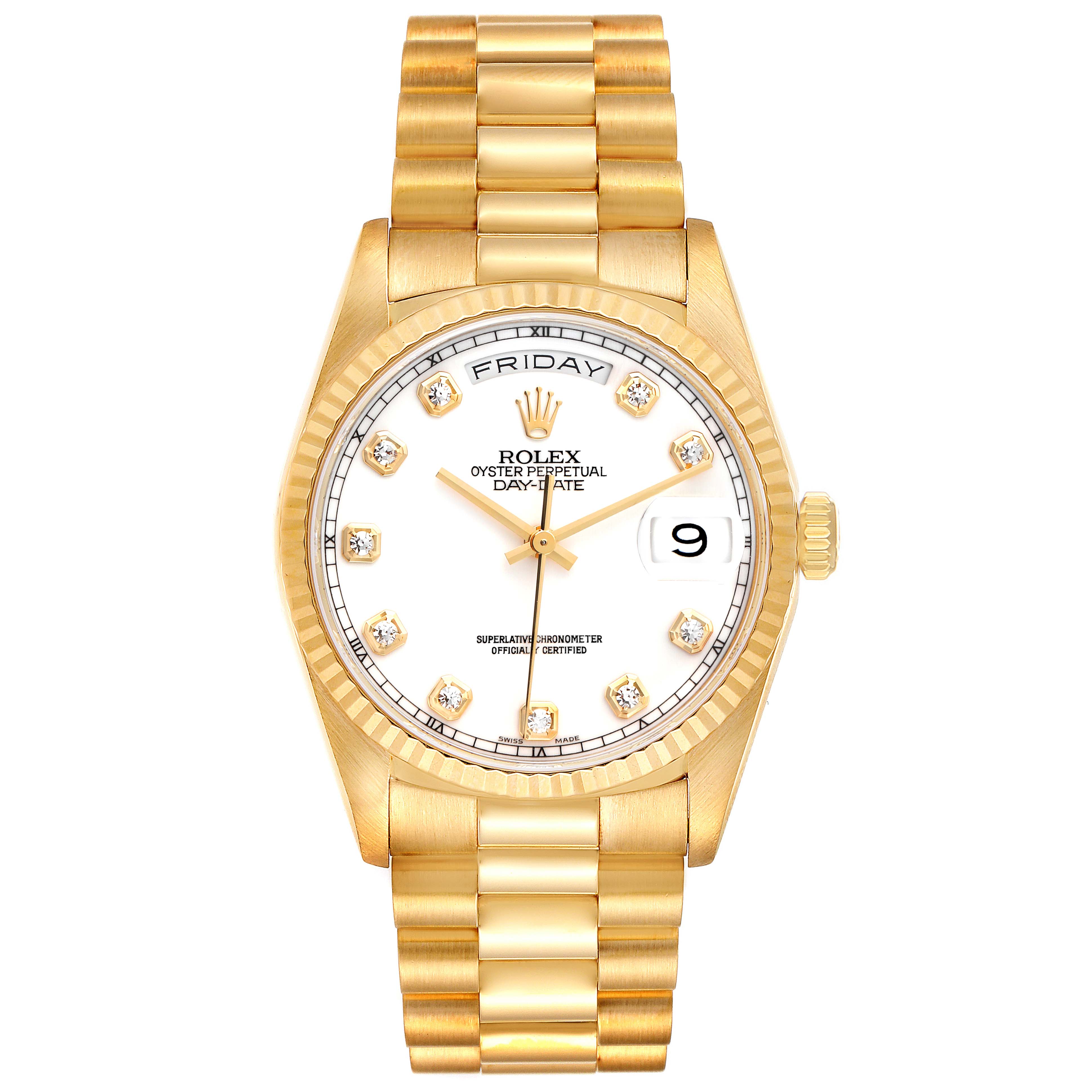 The image shows a front-facing view of a Rolex President 18238 Men's Yellow Gold White Dial 18238 Men's Yellow Gold White Dial model watch, displaying the dial, bracelet, hour markers, and day-date functions.