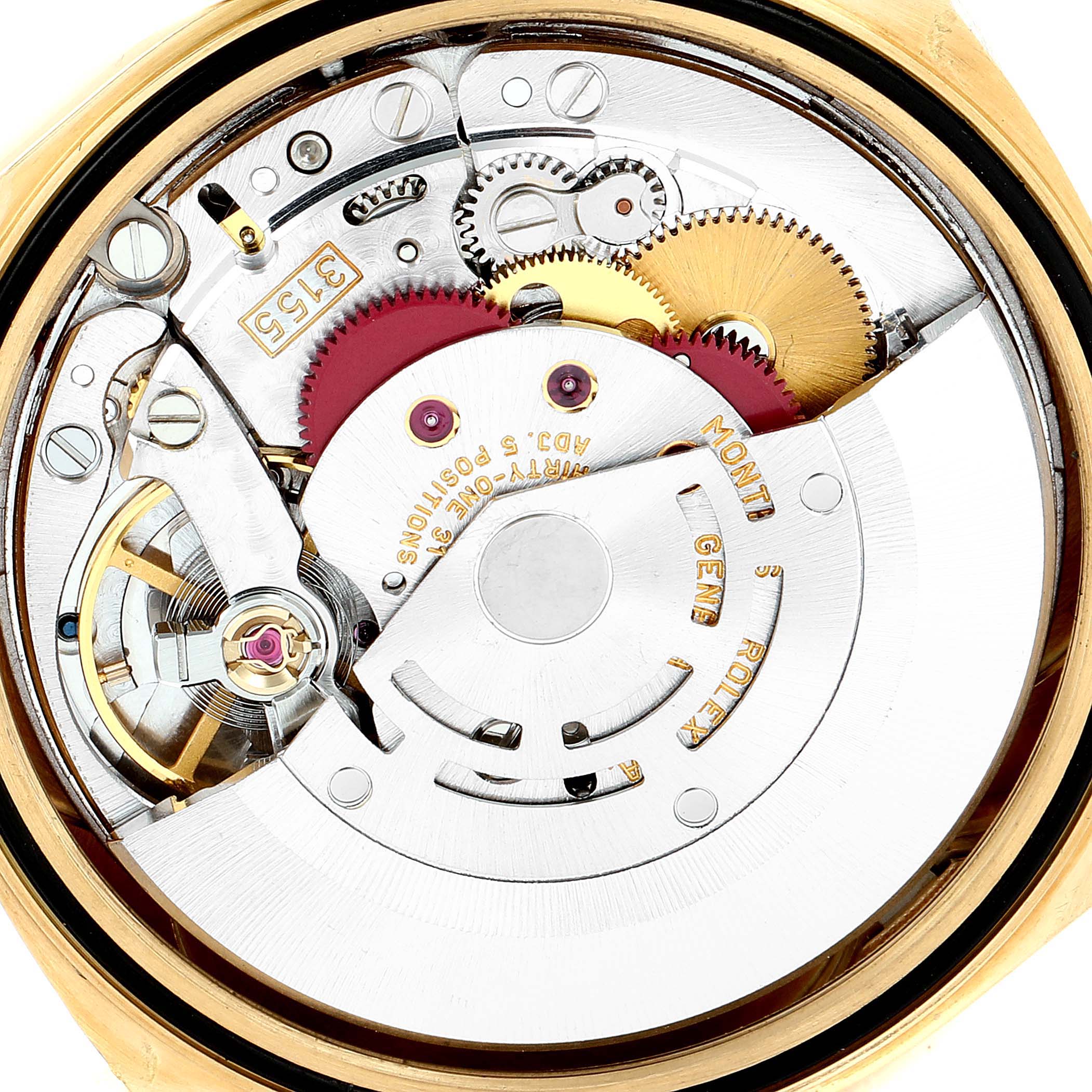 The image shows the internal mechanism of a Rolex President 18238 Men's Yellow Gold White Dial 18238 Men's Yellow Gold White Dial model watch, highlighting gears, screws, and the rotor.