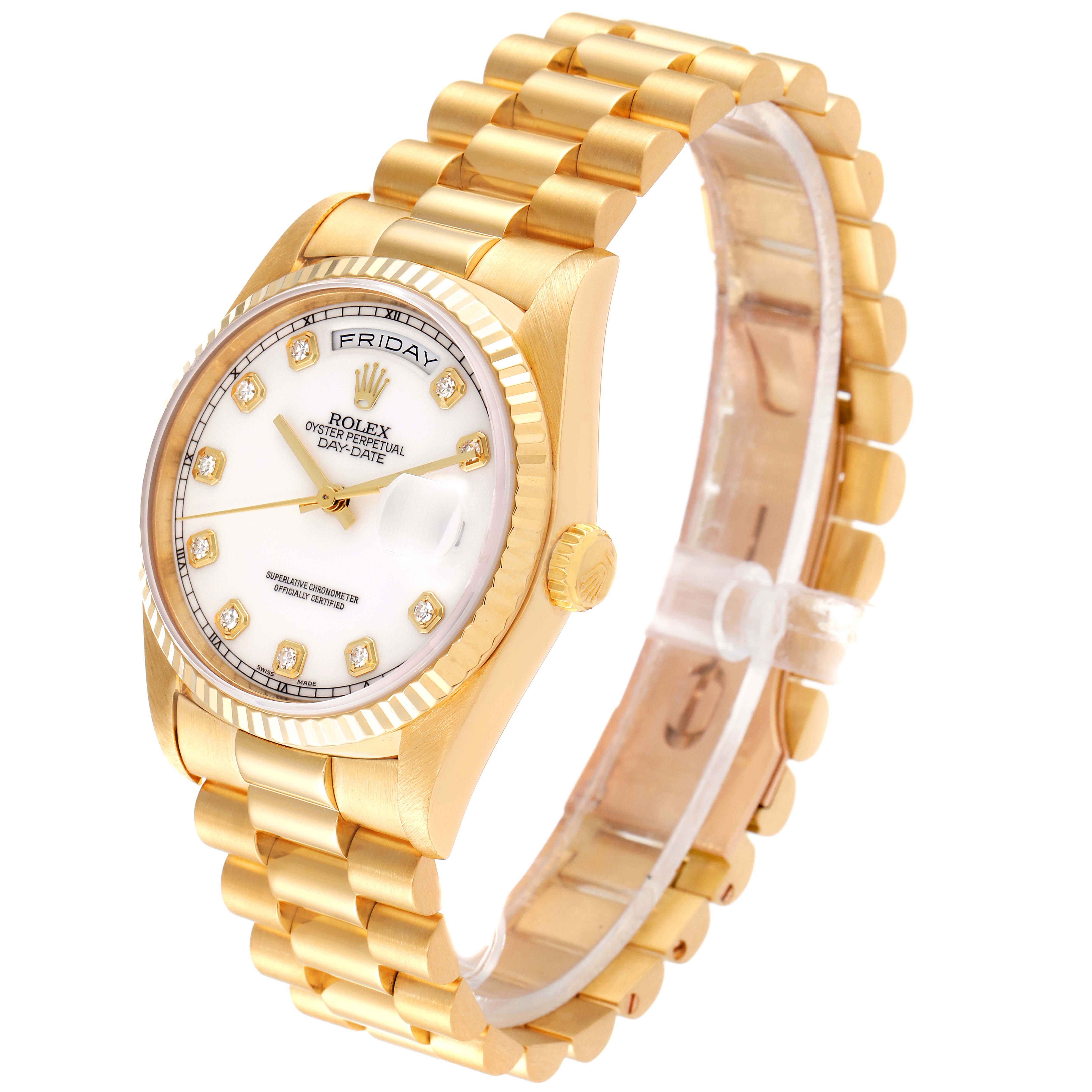 The Rolex President 18238 Men's Yellow Gold White Dial 18238 Men's Yellow Gold White Dial model watch is shown at a slight angle, displaying the face, band, and crown.