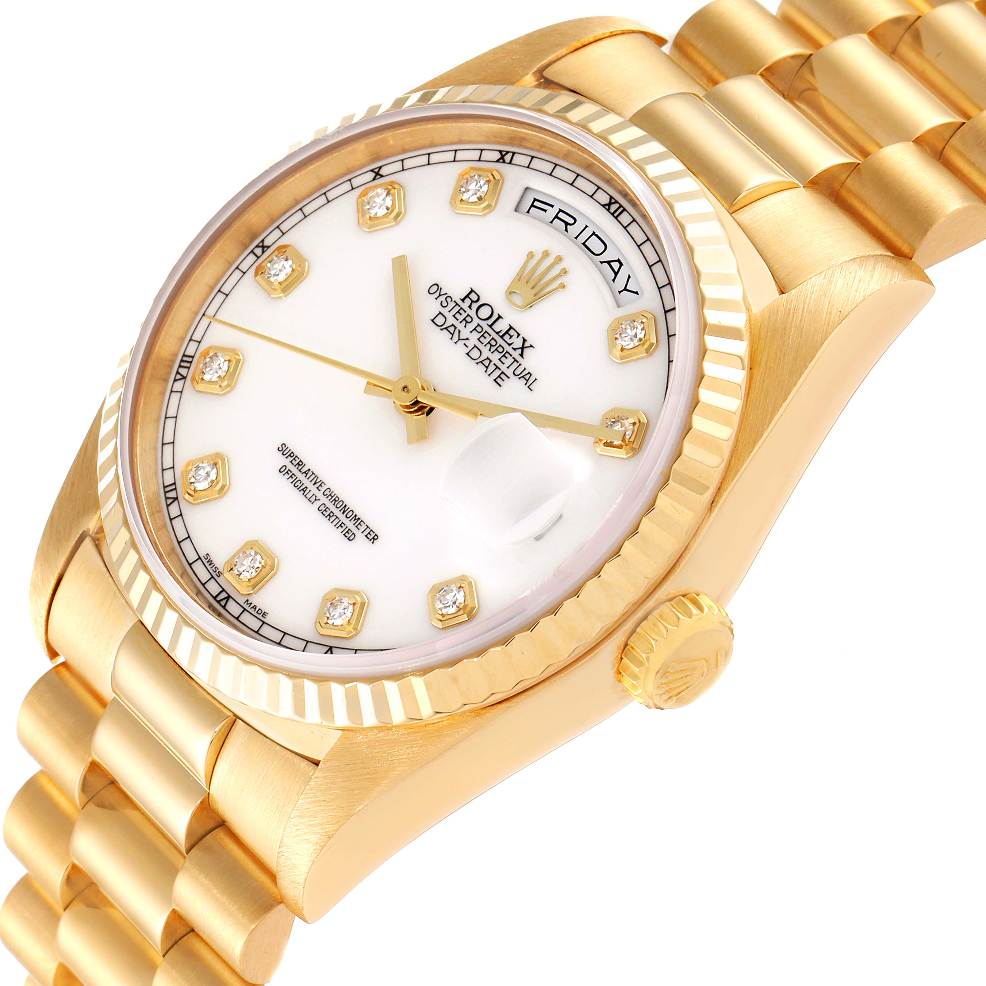 The image shows a close-up, angled view of a Rolex President 18238 Men's Yellow Gold White Dial 18238 Men's Yellow Gold White Dial model watch, highlighting the face, crown, and part of the bracelet.
