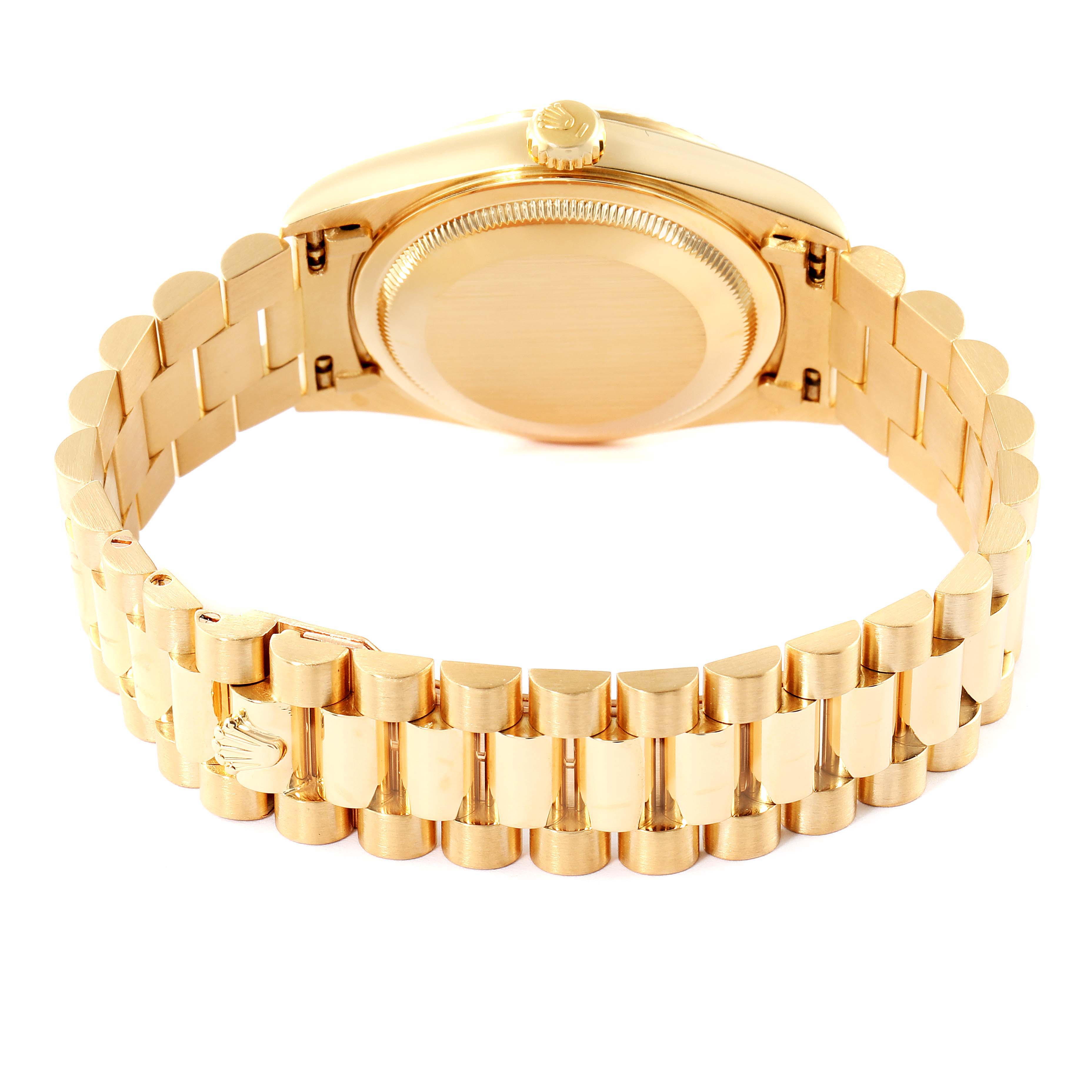 The image shows the back and bracelet of a Rolex President 18238 Men's Yellow Gold White Dial 18238 Men's Yellow Gold White Dial model watch, viewed from the rear.