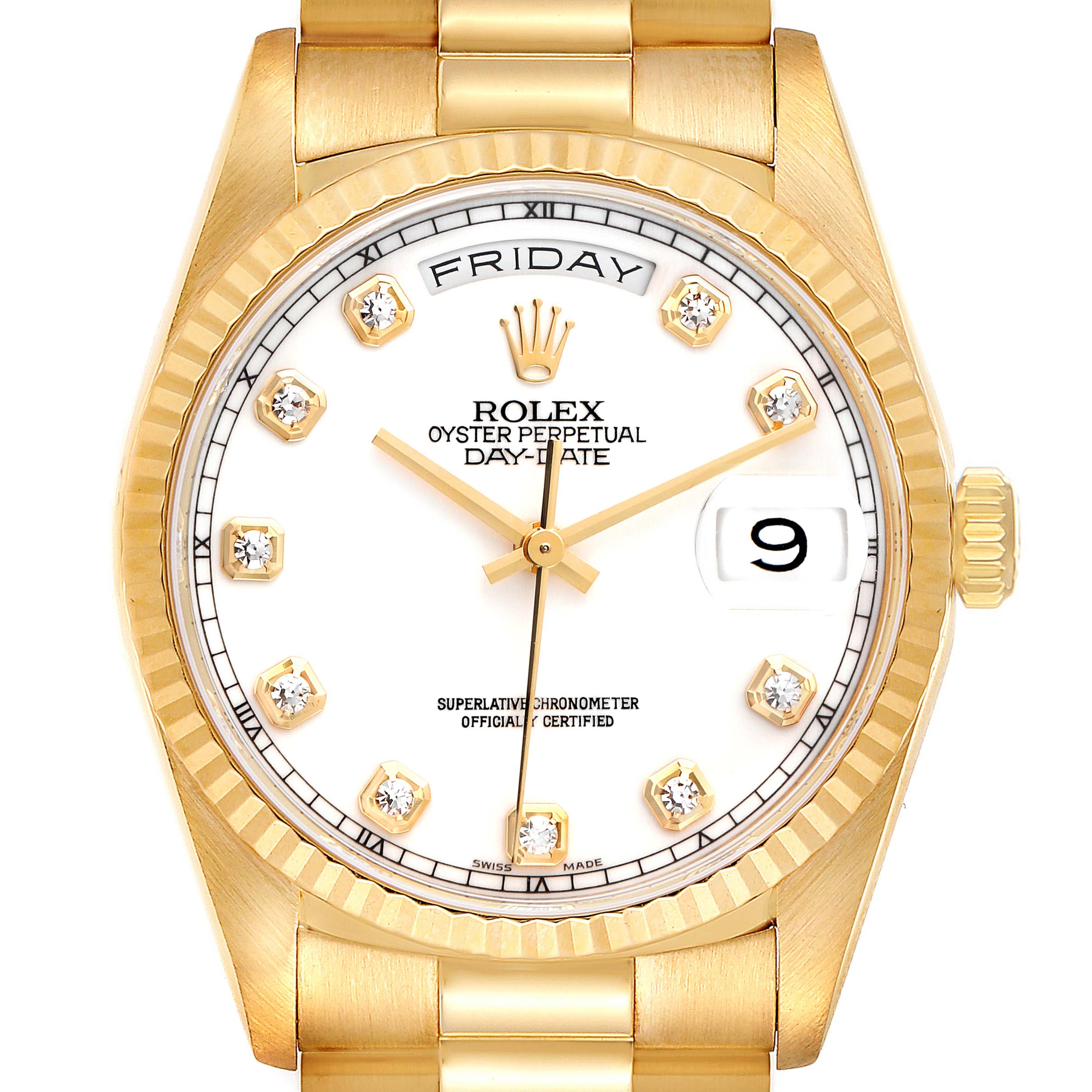 This image shows a frontal view of the Rolex President 18238 Men's Yellow Gold White Dial 18238 Men's Yellow Gold White Dial model watch, displaying its dial, bezel, and part of the bracelet.