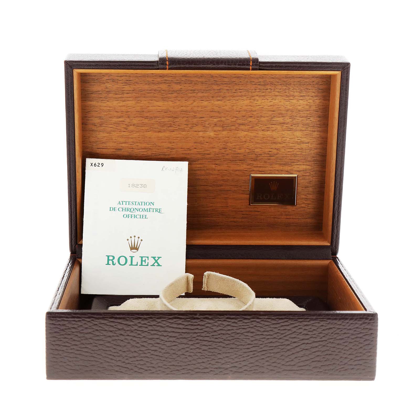 The image shows the packaging box and documentation for the Rolex President 18238 Men's Yellow Gold White Dial 18238 Men's Yellow Gold White Dial model watch.