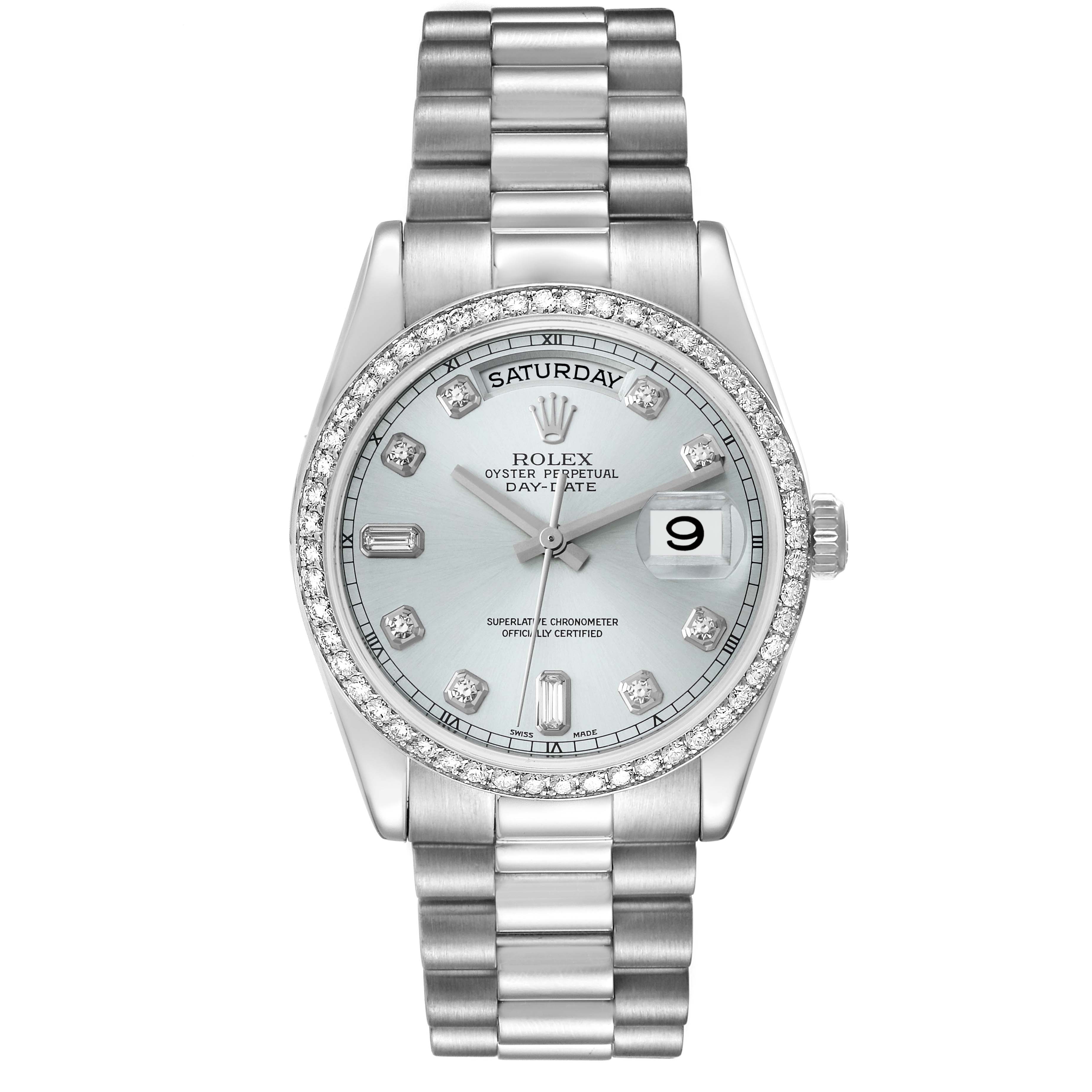 This image shows a frontal view of the Rolex President 118346 Men's Platinum Silver Dial 118346 Men's Platinum Silver Dial model watch, highlighting its face, bezel, and bracelet.