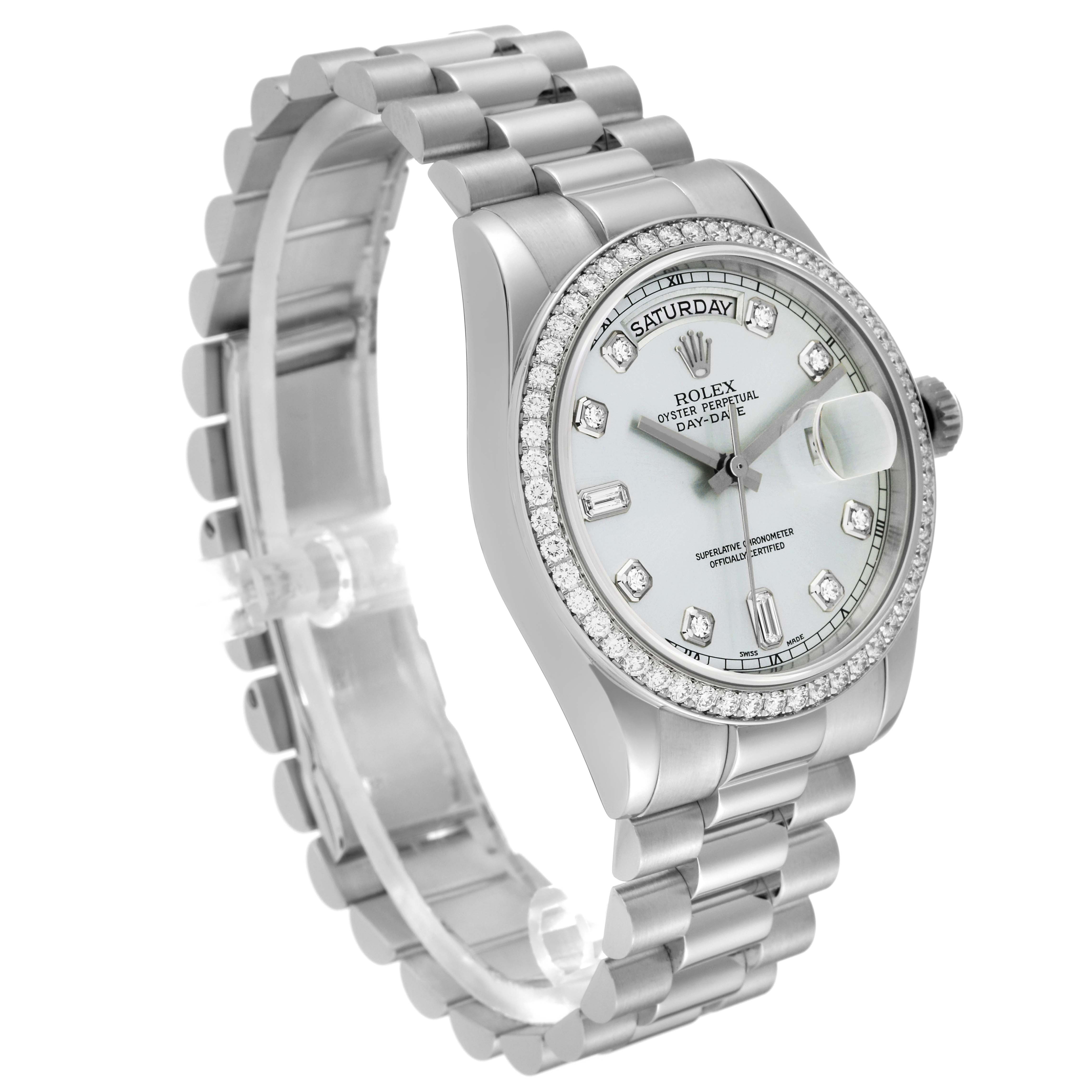 The image showcases a Rolex President 118346 Men's Platinum Silver Dial 118346 Men's Platinum Silver Dial model watch from a three-quarter front angle, highlighting the face, bezel, and bracelet.