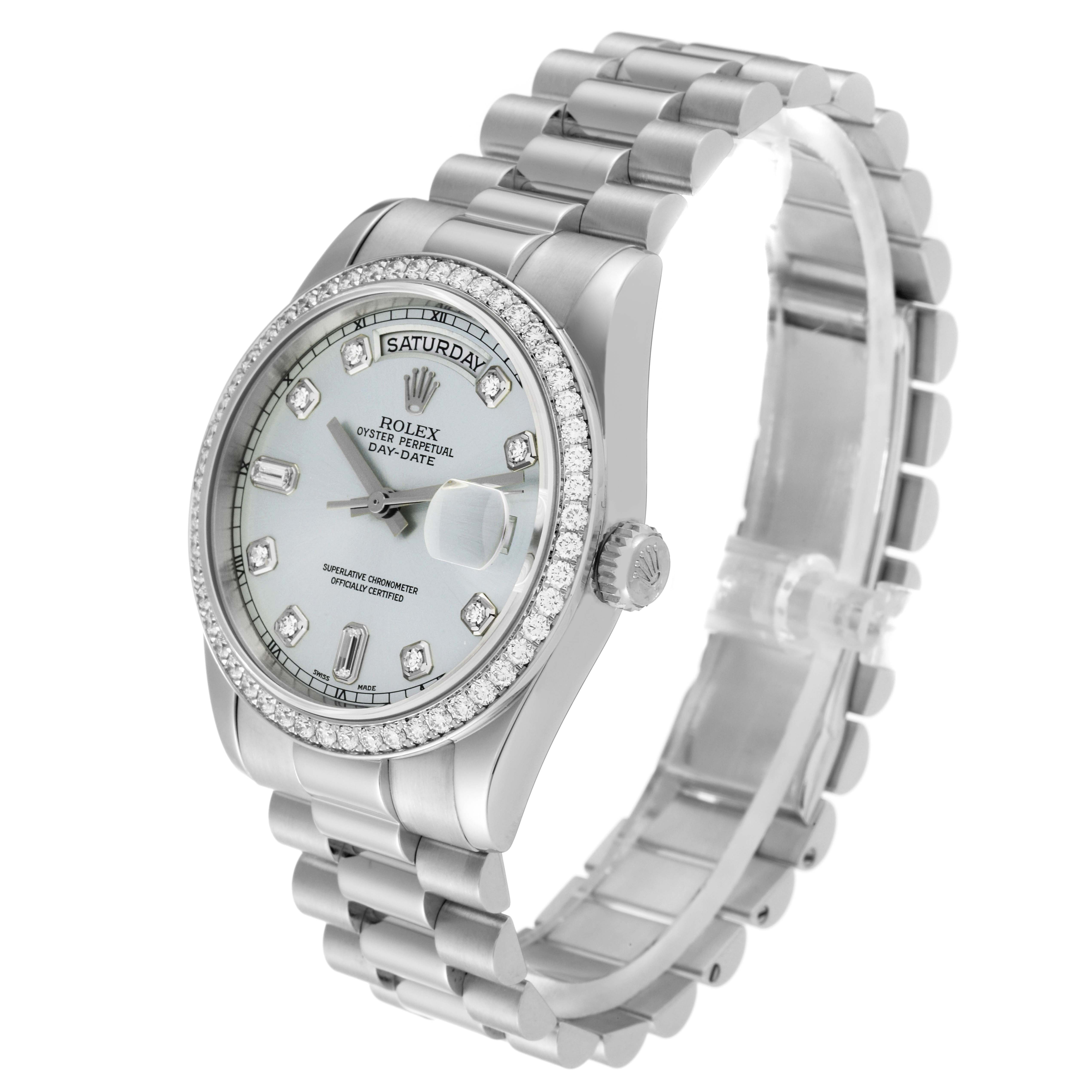 The image shows a Rolex President 118346 Men's Platinum Silver Dial 118346 Men's Platinum Silver Dial model watch at a slight angle, highlighting the diamond bezel, dial, and bracelet.
