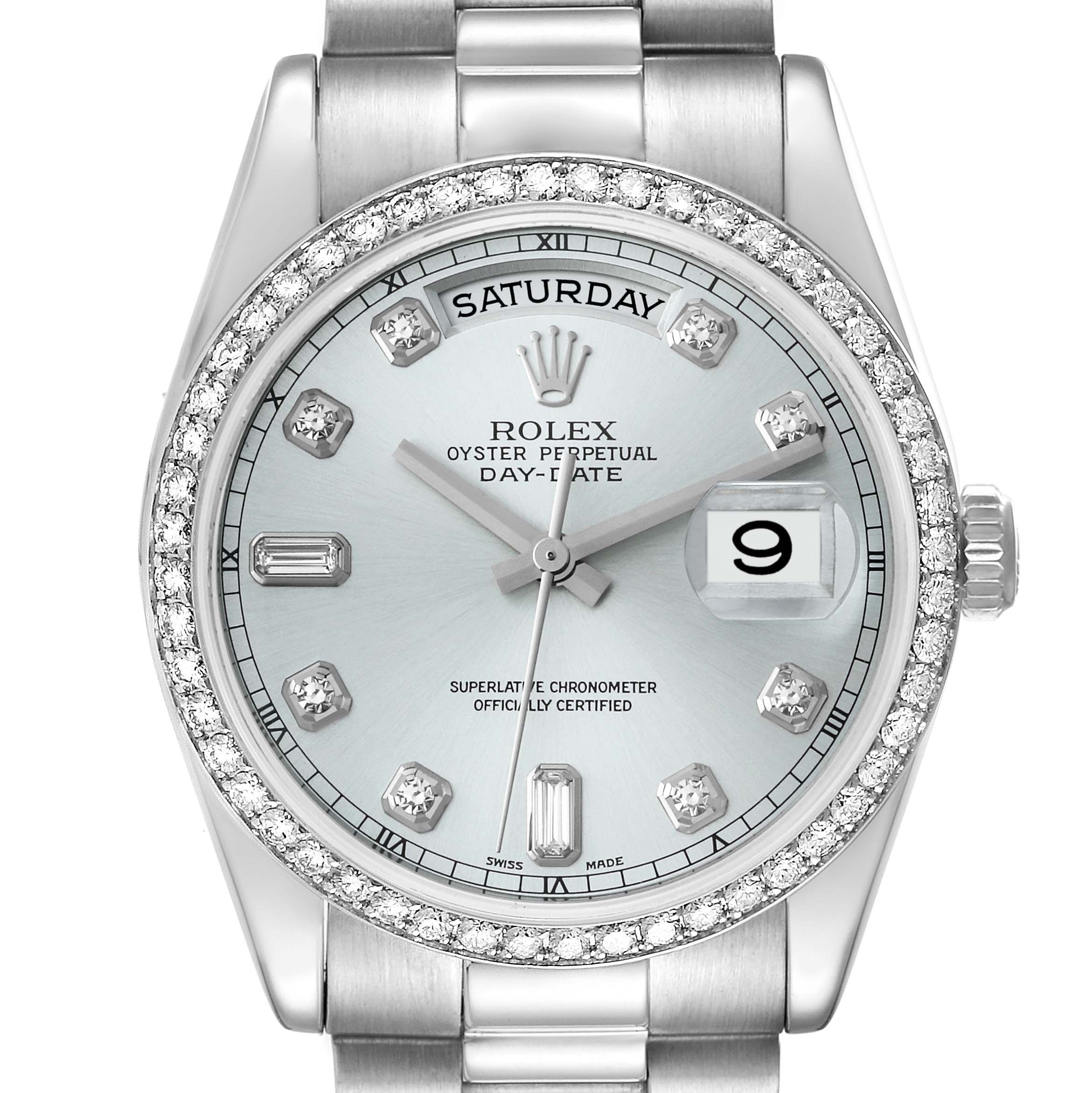 The image shows a front view of a Rolex President 118346 Men's Platinum Silver Dial 118346 Men's Platinum Silver Dial model watch displaying its bezel, dial, hands, bracelet, and date window.