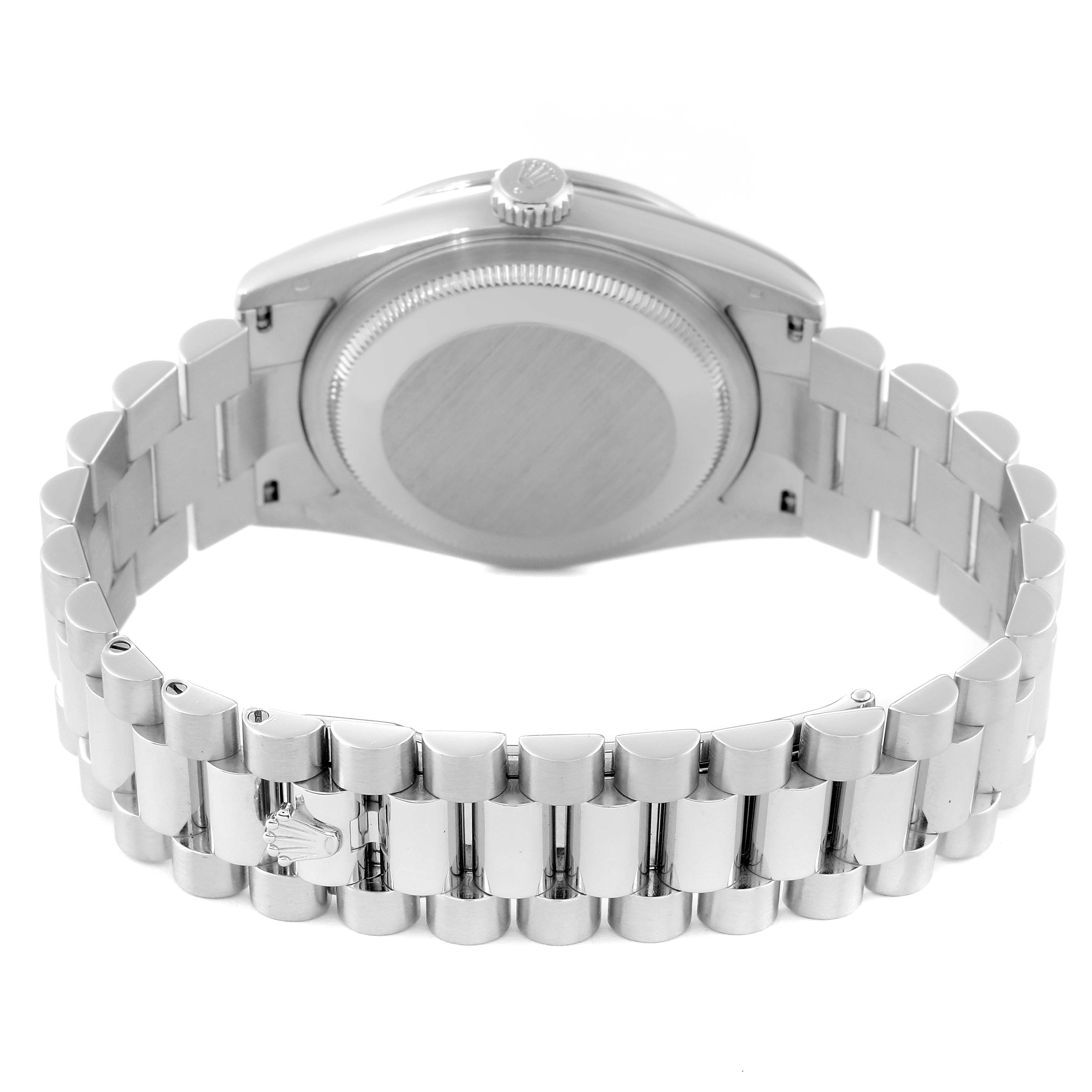 This image shows the back and bracelet of a Rolex President 118346 Men's Platinum Silver Dial 118346 Men's Platinum Silver Dial model watch, highlighting the clasp and case back.