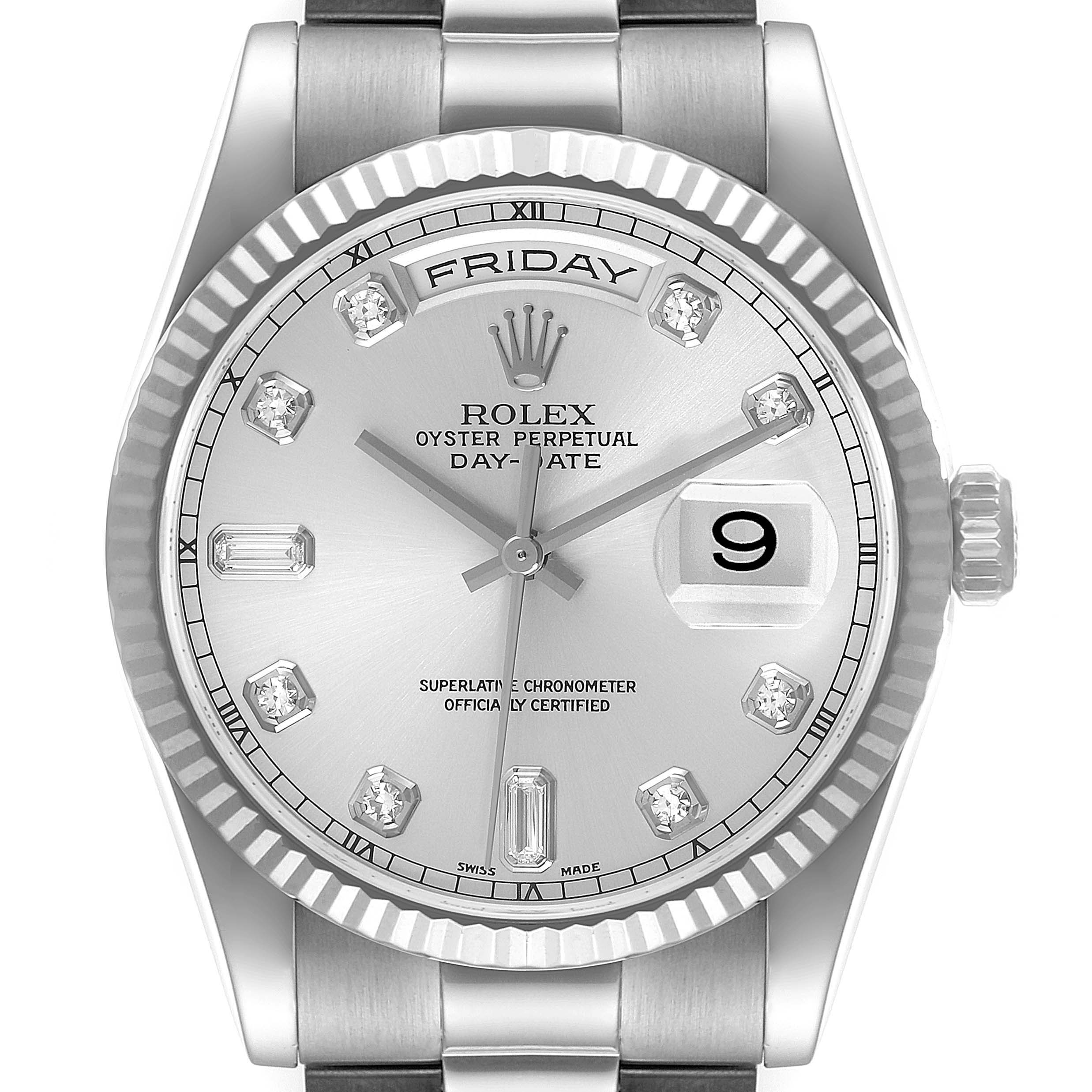 The image shows a frontal view of a Rolex President 118239 Men's White Gold Silver Dial 118239 Men's White Gold Silver Dial model watch, highlighting the dial, bezel, day-date display, and bracelet.