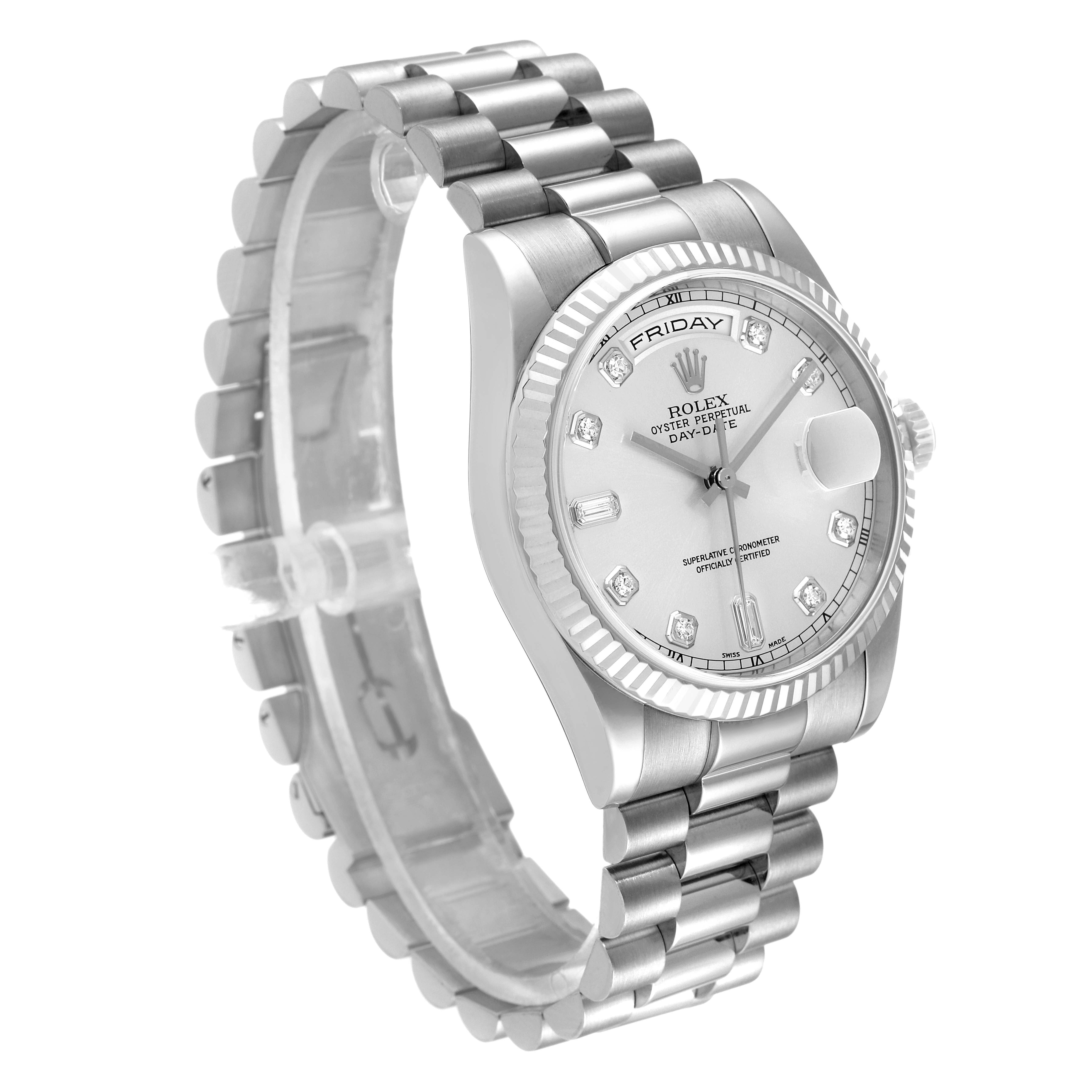 The image shows a side angle of the Rolex President 118239 Men's White Gold Silver Dial 118239 Men's White Gold Silver Dial model watch, highlighting its bracelet, dial, bezel, and case.