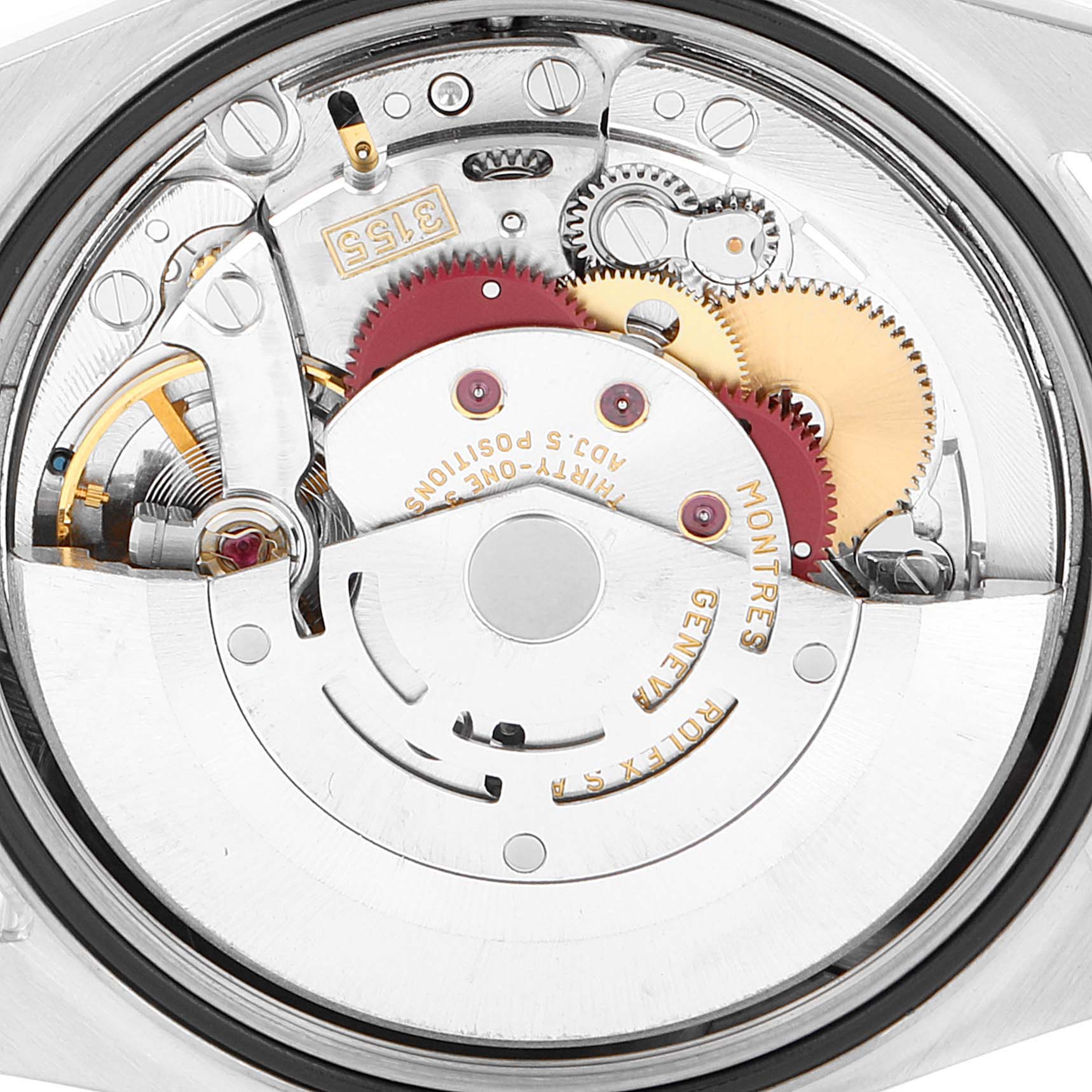 This image shows a close-up angle of the internal mechanism of a Rolex President 118239 Men's White Gold Silver Dial 118239 Men's White Gold Silver Dial model watch.
