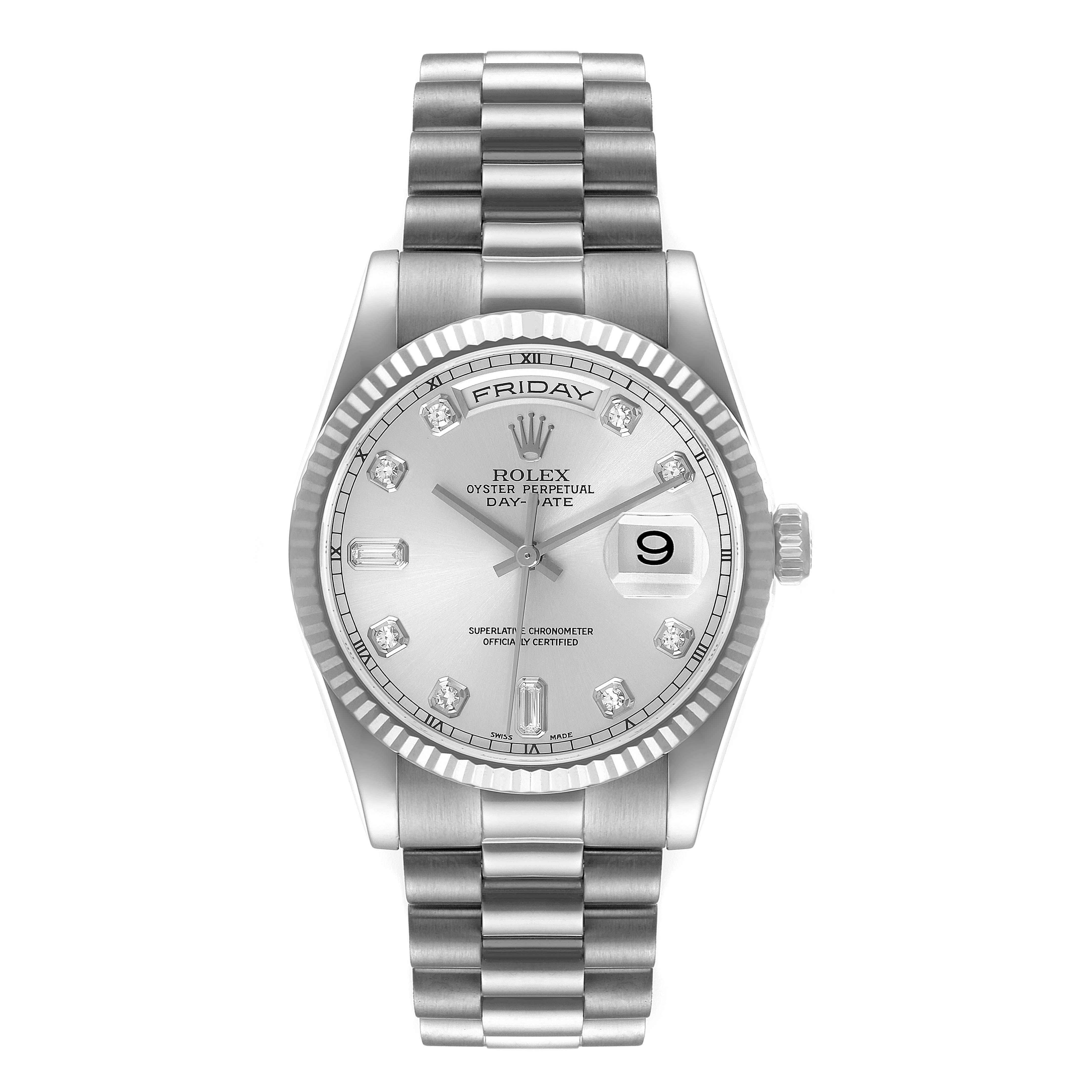 This image shows a front view of the Rolex President 118239 Men's White Gold Silver Dial 118239 Men's White Gold Silver Dial model watch, highlighting the dial, bracelet, and date window.