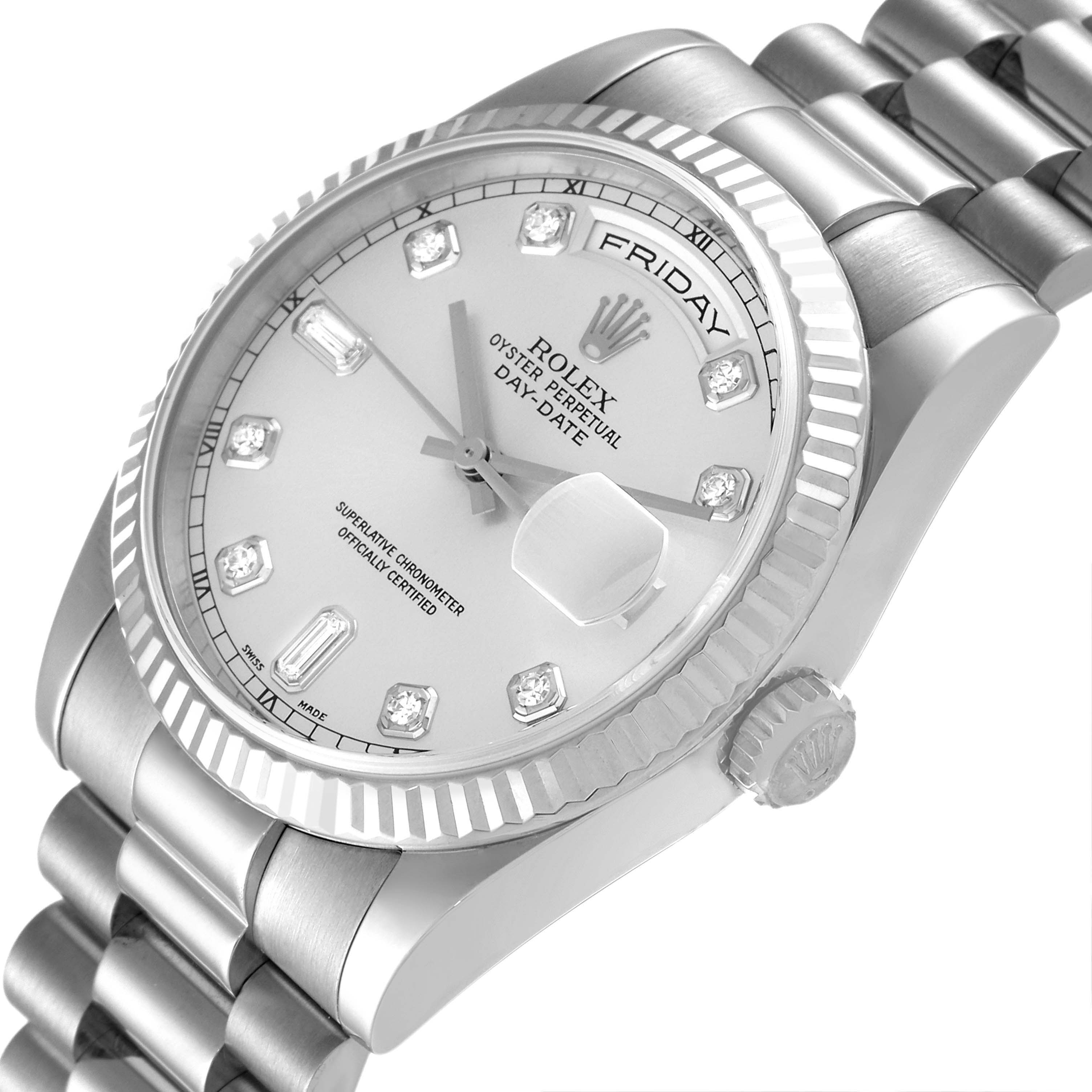 The image shows a Rolex President 118239 Men's White Gold Silver Dial 118239 Men's White Gold Silver Dial model watch at a tilted angle, highlighting the dial, bezel, and bracelet.