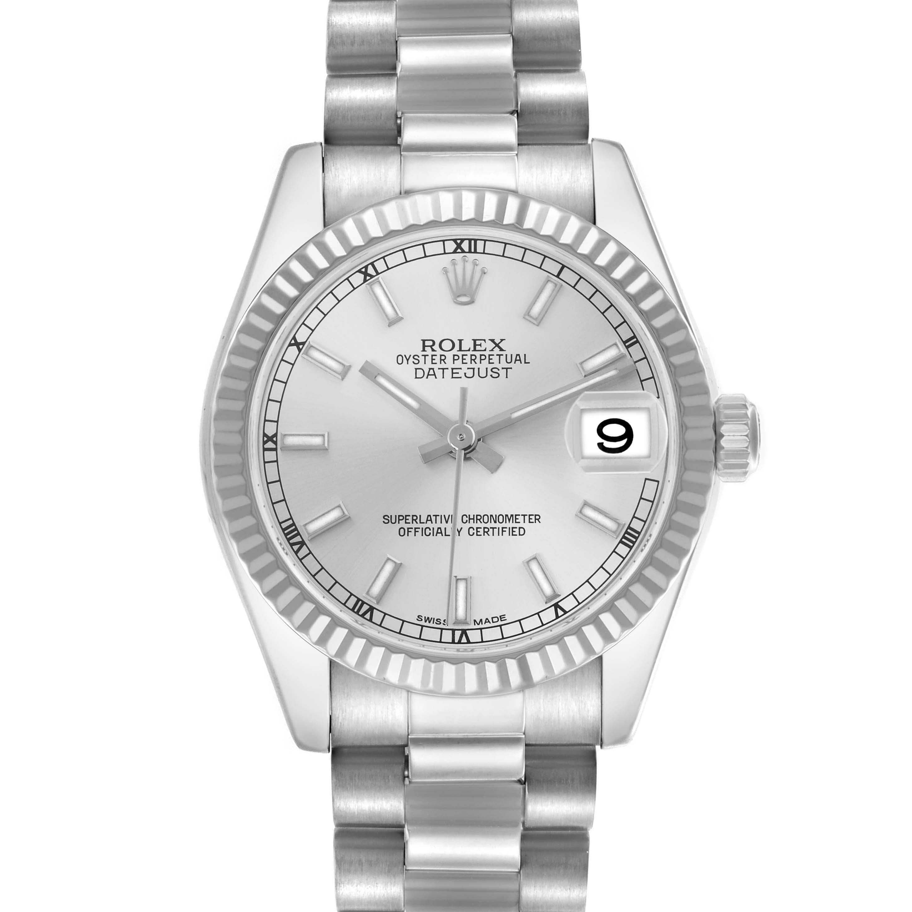 The Rolex Mid-Size 178279 Women
s White Gold Silver Dial 178279 Women
s White Gold Silver Dial watch is shown from a front angle, displaying the dial, bezel, bracelet, and date window.